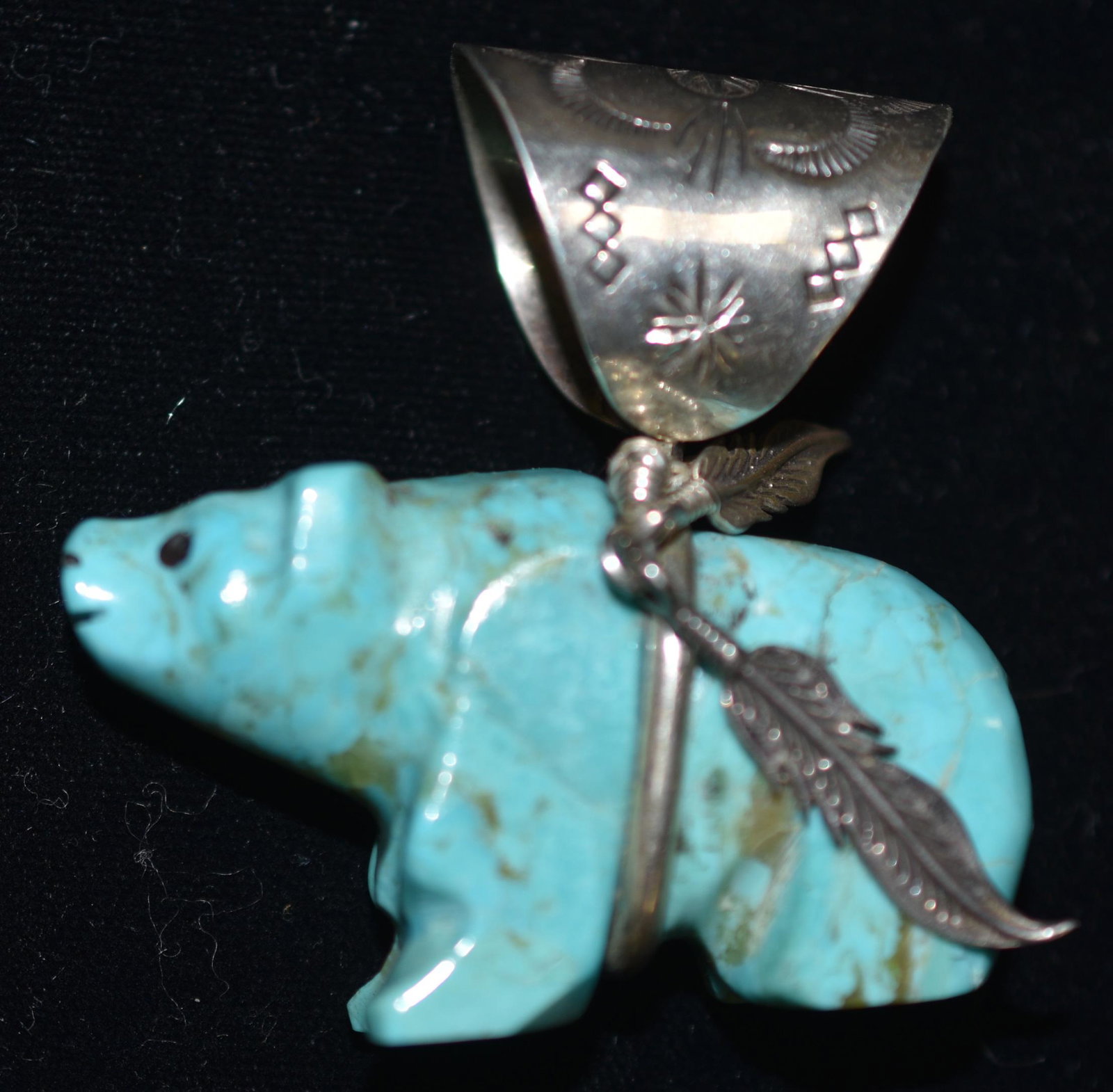 Large Sterling and Carved Turquoise Bear Pendant (1 of 4)