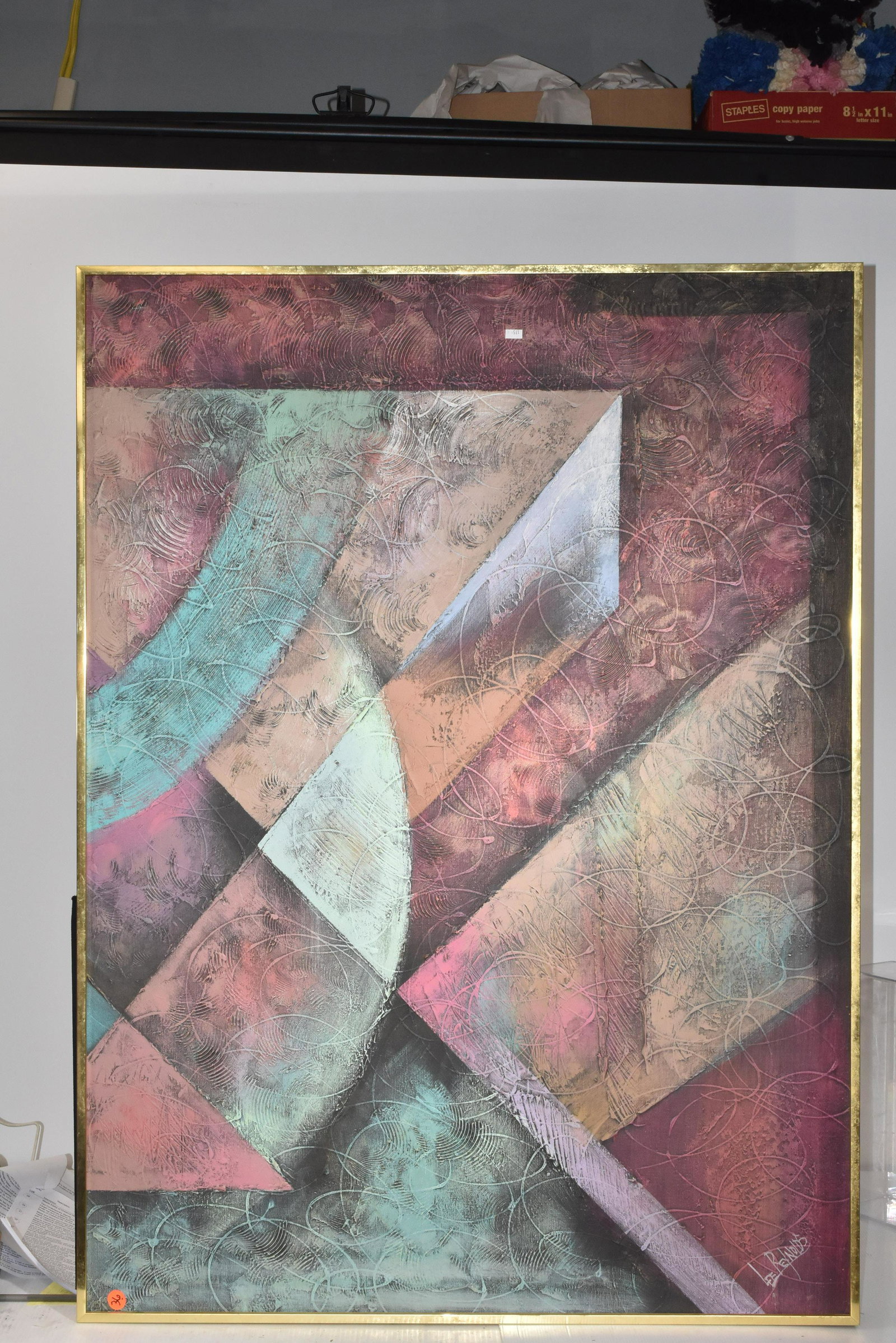 Abstract on Canvas by "Lee Reynolds": Exposed measures approx. 33 1/2"h x 45"w. It is an acrylic on canvas, is a geometric abstract and is signed "Lee Reynolds" lower left.