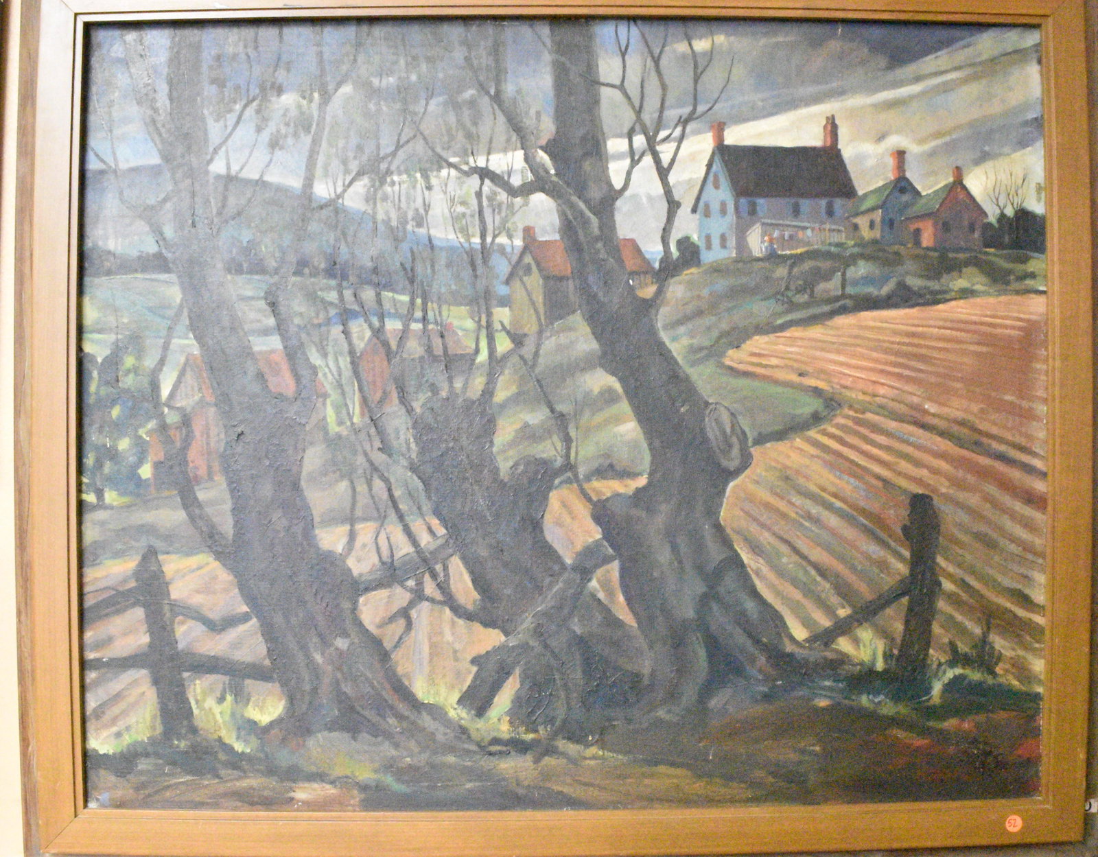 Large New Hope Style Oil on Canvas, Warner: Exposed area measures approx. 35"h x 43"w, It is an oil on canvas of a farm scene done in a surrealist style. Item is signed "H. Warner" in red lower right. Warner was a Chester County, Pa artist.