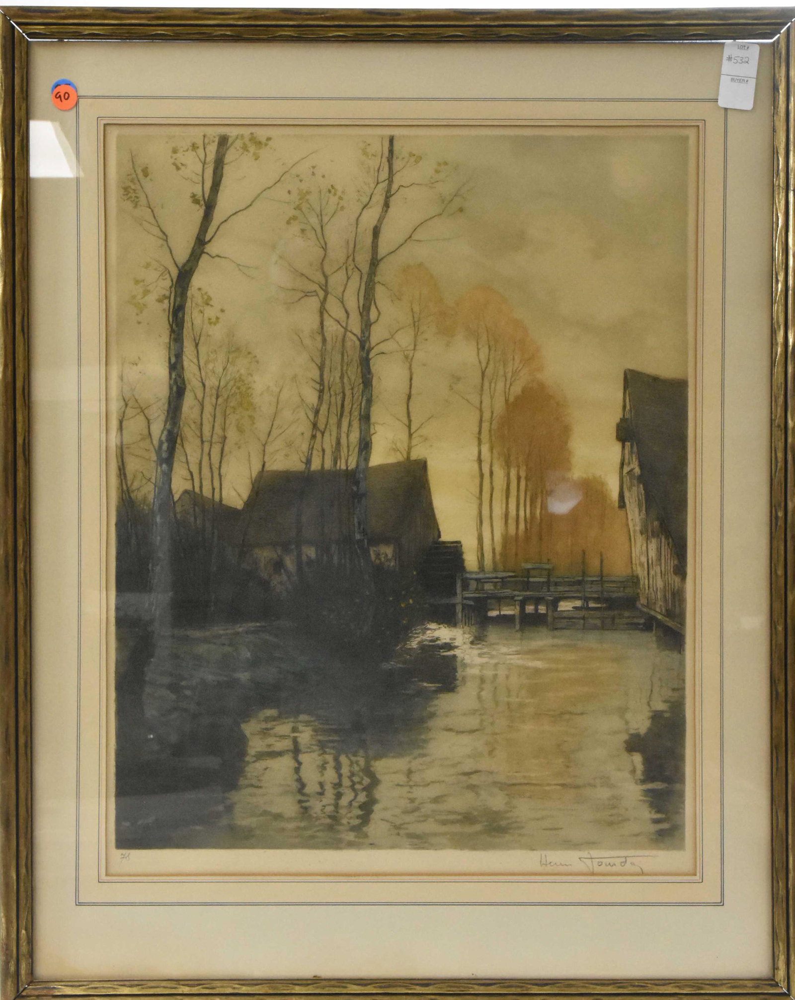 Lithograph of a Water Wheel Signed Henri Fowda: Exposed area measures approx. 22 1/2"h x 18"w. It depicts a mill with a water wheel and is pencil signed lower right. Signature appears to read Henri Fowda.
