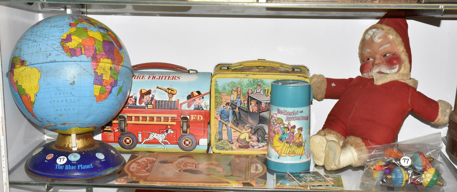 Vintage Lunchboxes, Santa Doll, Other Toys: A "Blue Planet" tin globe, Mickey Mouse and The Waltons lunch boxes, bubble lights, a Santa doll and other items.