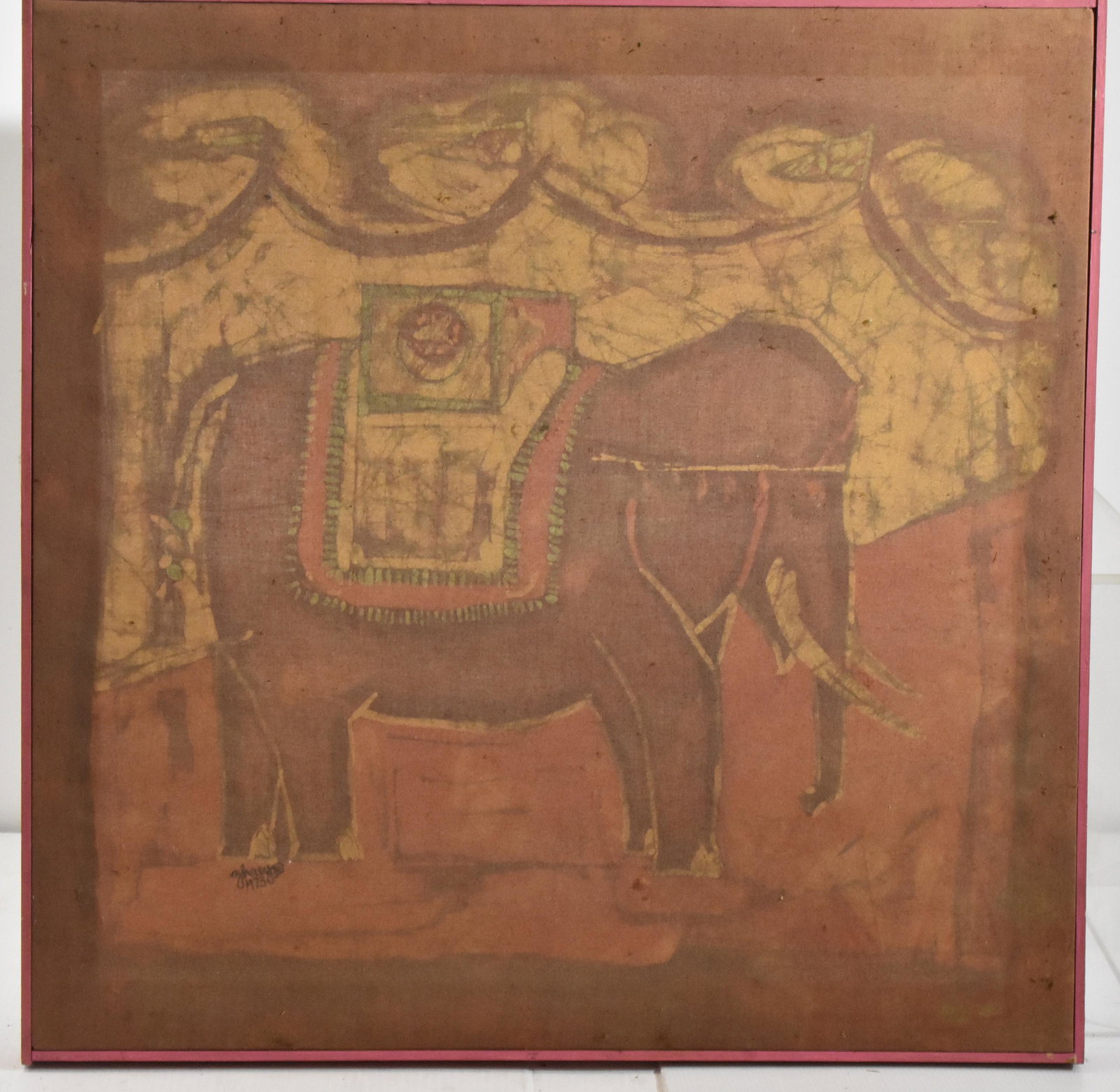 Batik of an Elephant Signed GH Rey 1973: Measures approx. 27"h x 26 1/2"w. It is a batik of an elephant with a saddle and is signed lower left. Item is dusty.