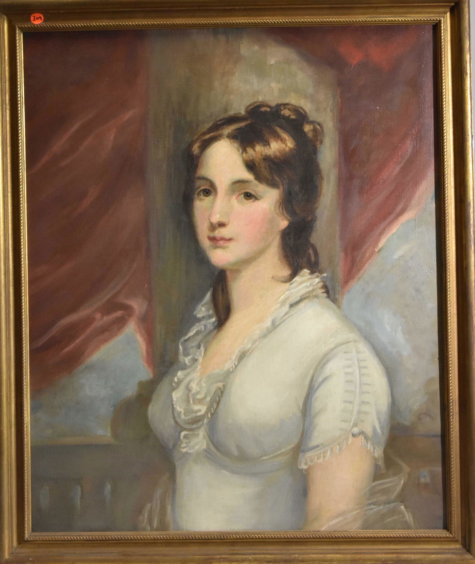 Oil on Canvas of Mrs. Richard Worsam Meade: Exposed area measures approx. 29 1/2"h x 24"w. Card on back reads " This painting of Mrs. Richard Worsam Meade, mother of General George Meade, was originally painted by Gilbert Stuart. The original S