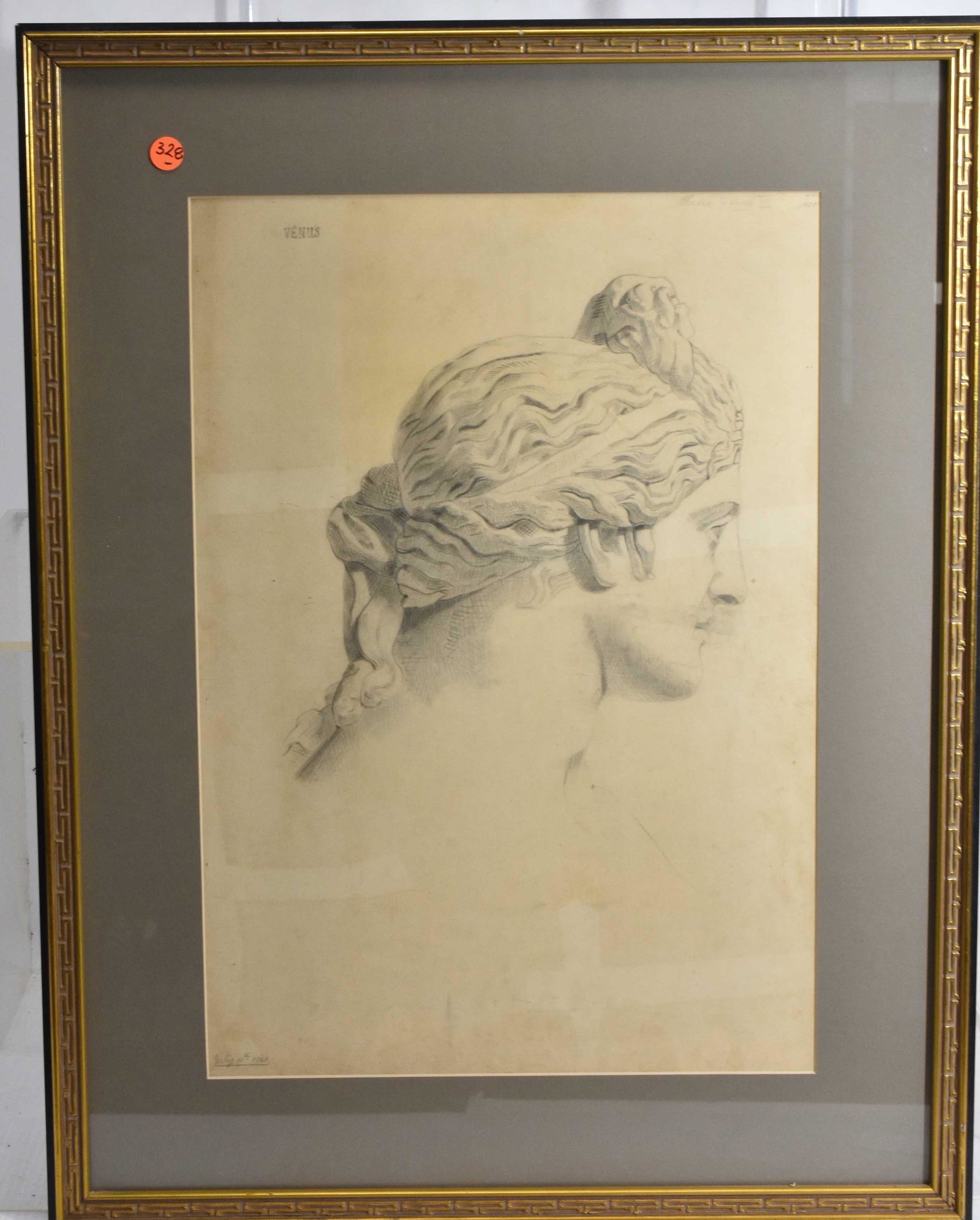 Pencil Drawing of Venus - 1901: Exposed area measures approx. 20 1/2"h x 14 1/2"w. It depicts a bust of Venus and is signed "Hatie Ward VII" and is dated July 10, 1901.