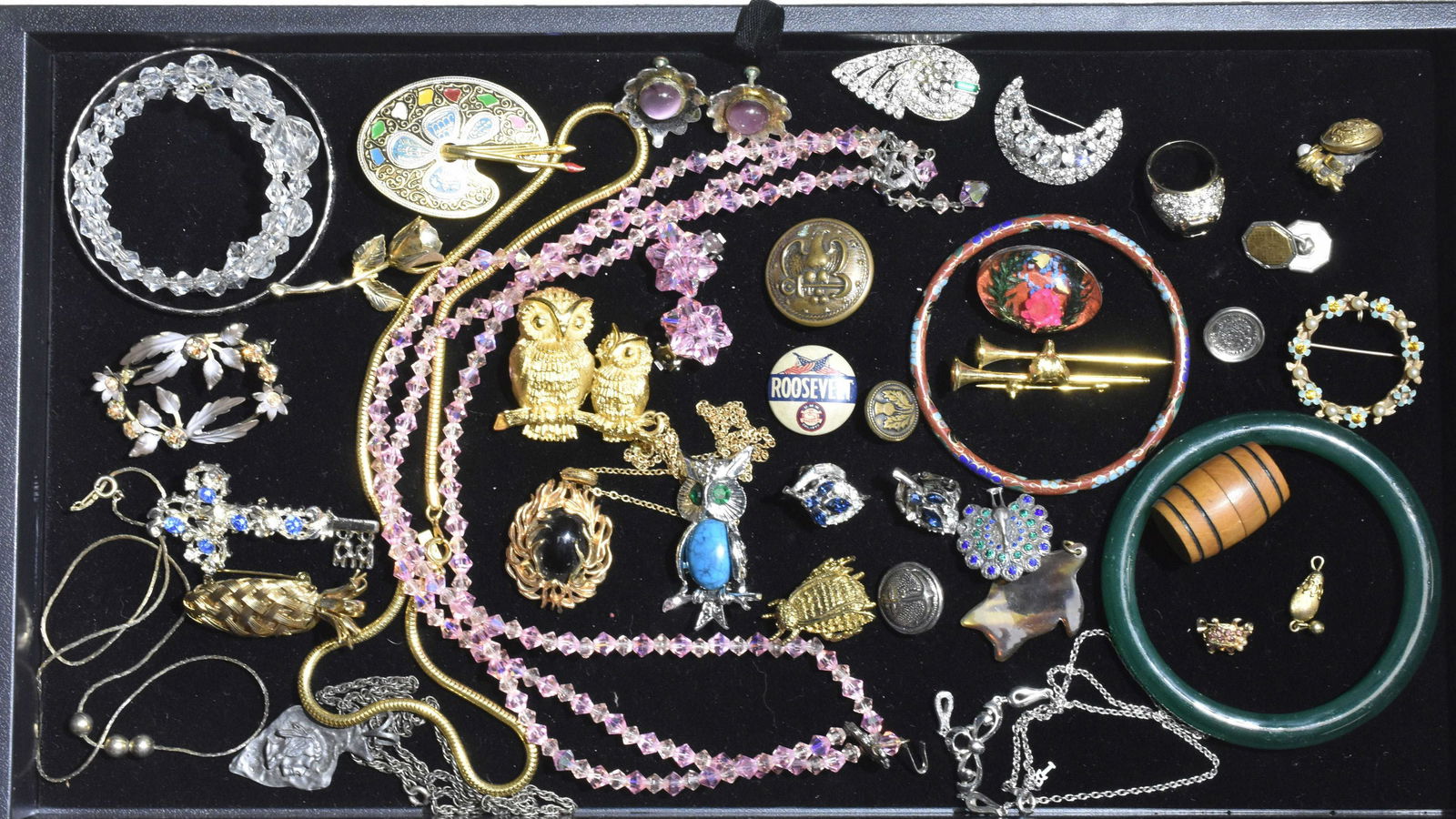 Vintage Estate Jewelry Grouping: Crystal and rhinestone jewelry, a jade bracelet, a cloisoinne bracelet, a Trifari owl pin, a miniature cognac barrel and more.