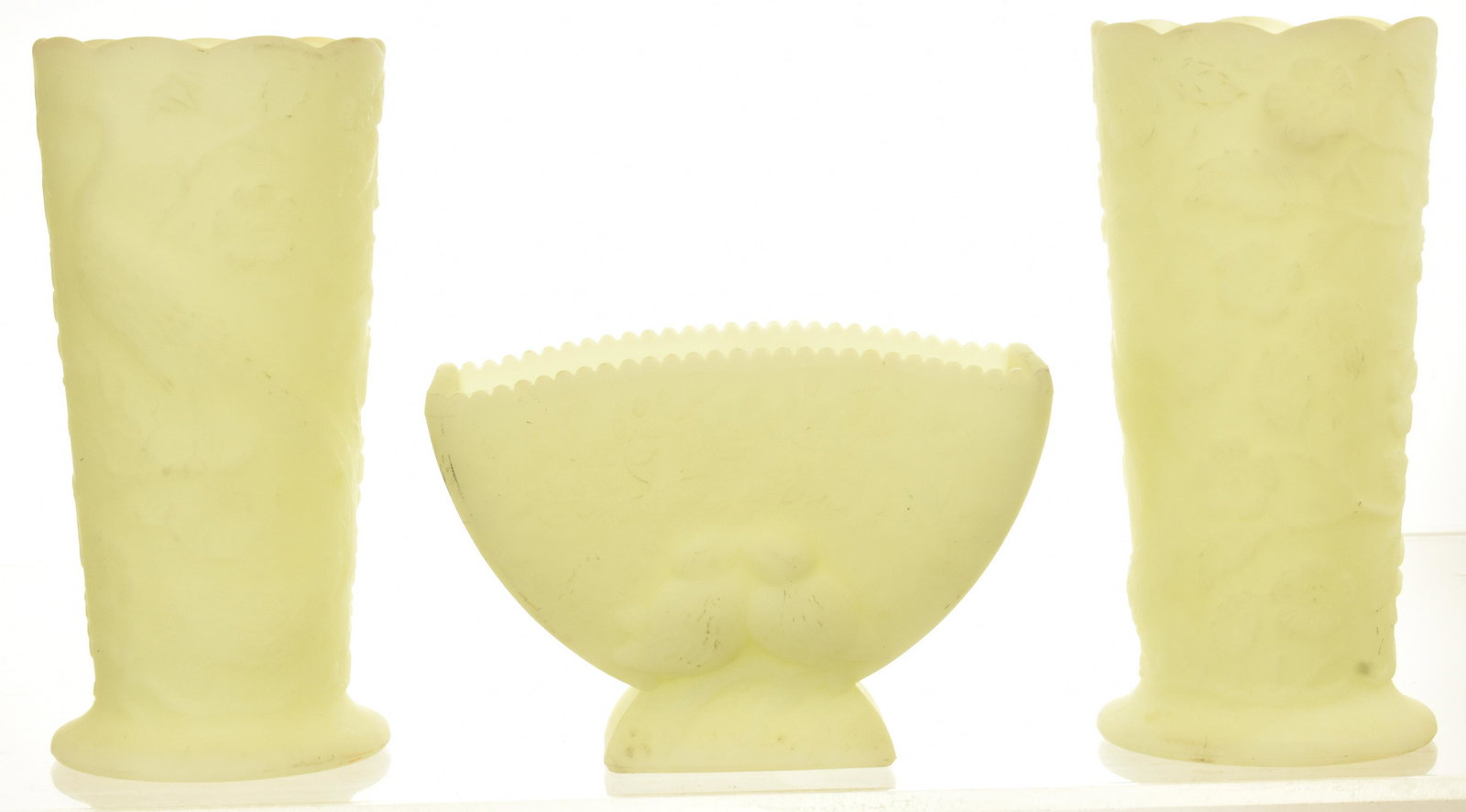 Three Pieces of Frosted Fenton: A matched pair of vases measuring approx. 8:h each and a vase with love birds at base.