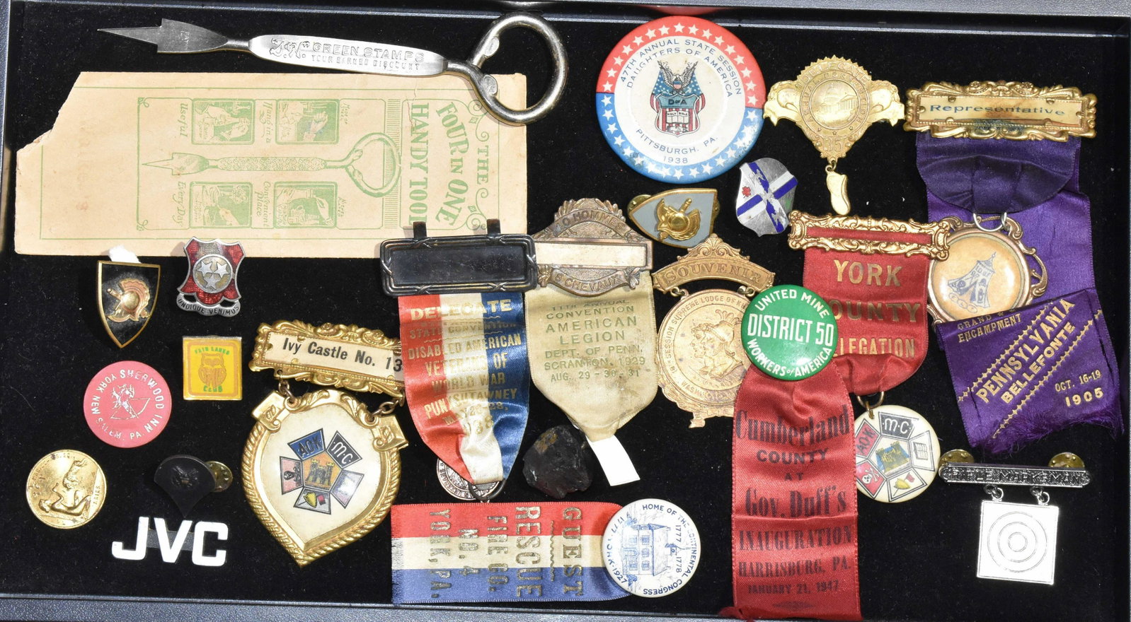 Vintage Pins and Ribbons: A Pennsylvania Representative ribbon dated 1905, an American Legion ribbon with a chunk of coal dated 1929, a York Fire Co. ribbon dated 1927, other ribbons and enameled pins.