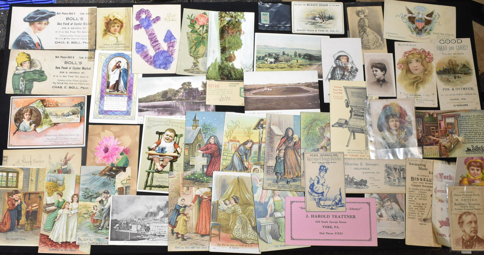 Vintage Advertising and Postcards: Including a Mountville farm ad, a Boll's Seafood York, Pa, Wallick's Book Store York, Pa 1878, Weaver Organ, other local advertising and a selection of vintage postcards.