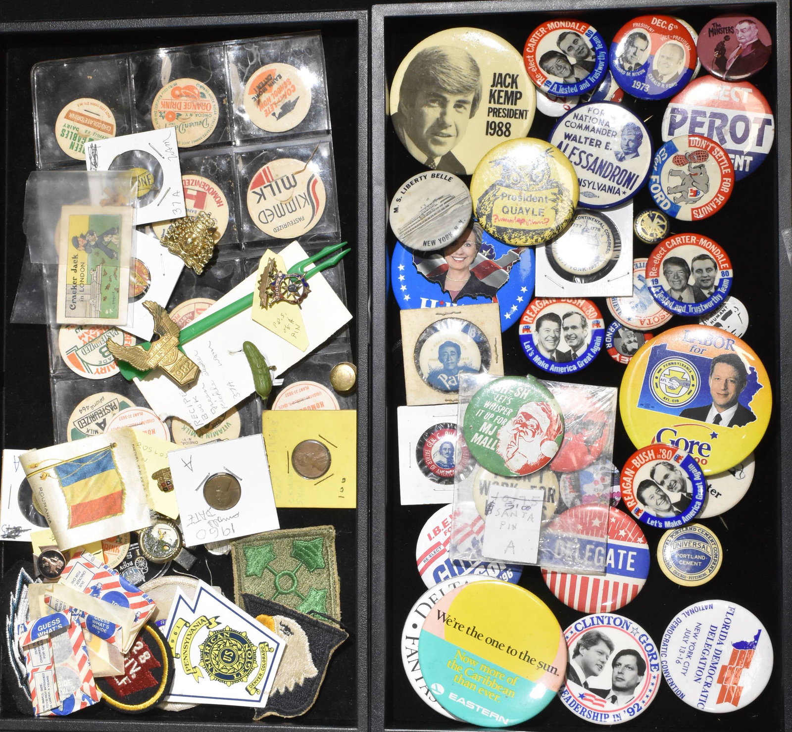 Two Trays of Pin Backs and Advertising: A large selection of political pin backs, two vintage tobacco lapel pins, a PRS Masonic pin, milk advertising caps and more.