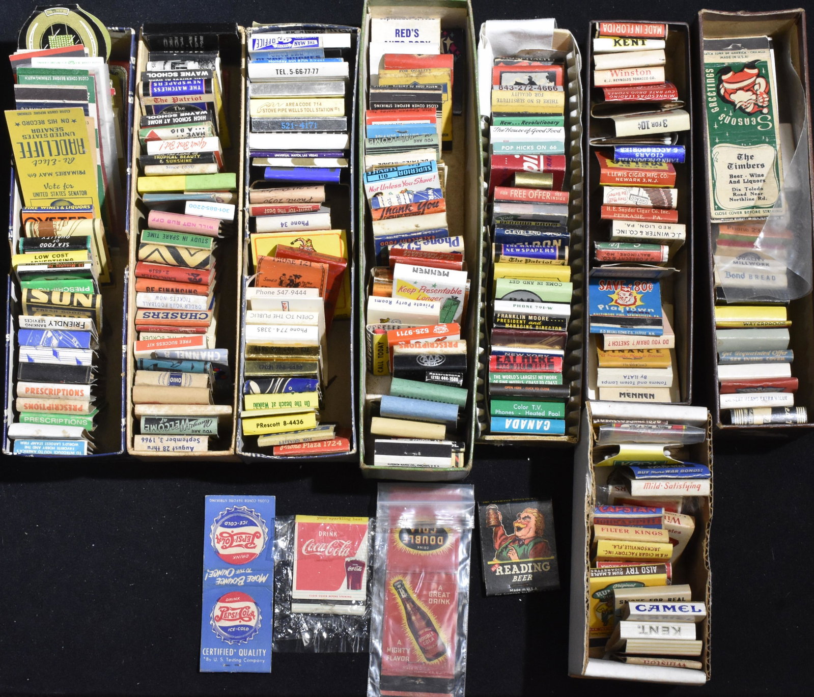 Advertising Match Packs-Large Collection: There are approx. 150 advertising match packs including Coca Cola, Old Reading Beer, Mellow Crown stogies, Weldon Tools and many others.