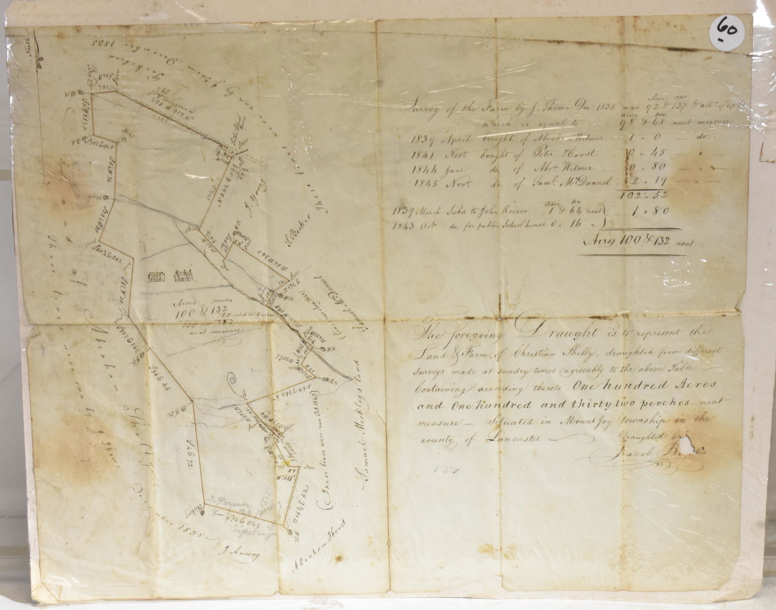 Mount Joy, Pa Land Map - 1835: It is the land map of Christian Shelley's farm. It has the names of the owners of the surrounding land and dates of changes up to 1845. Item measures approx. 13"h x 16"w.