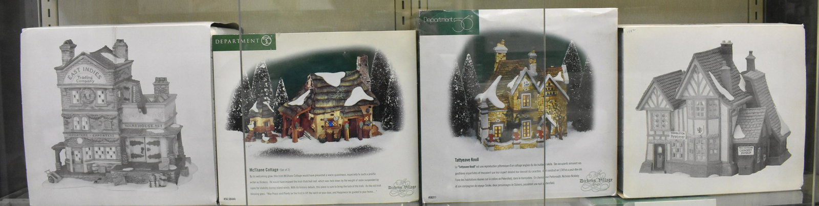 Dept 56 Dickens' Village NIB (4): East Indies Trading Company, McShane Cottage, Tattyebe Knoll and Hambleton Pewterer.