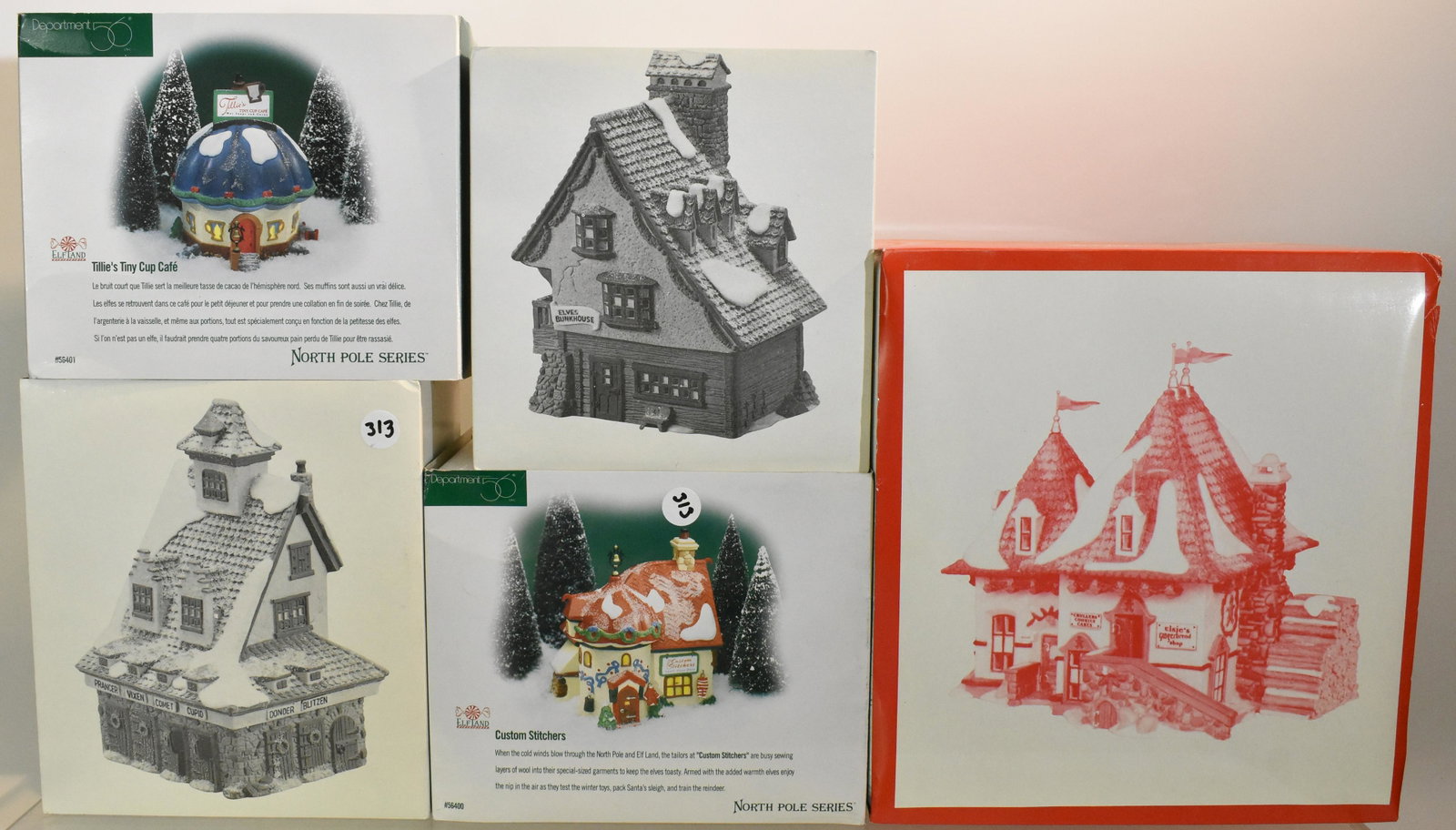 Dept 56 North Pole Series NIB (5): Elsie's Gingerbread, Custom Stitchers, Tillies Tiny Cup Cafe, Elf Bunkhouse and Reindeer Barn.