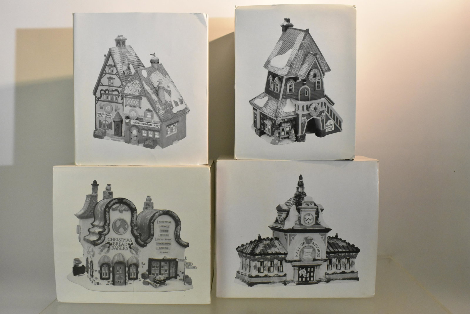 Dept 56 North Pole Series NIB: Hall of Records, Christmas Bread Bakers, Obbies Books and Letrinka"s Candy and Santa's Rooming House.