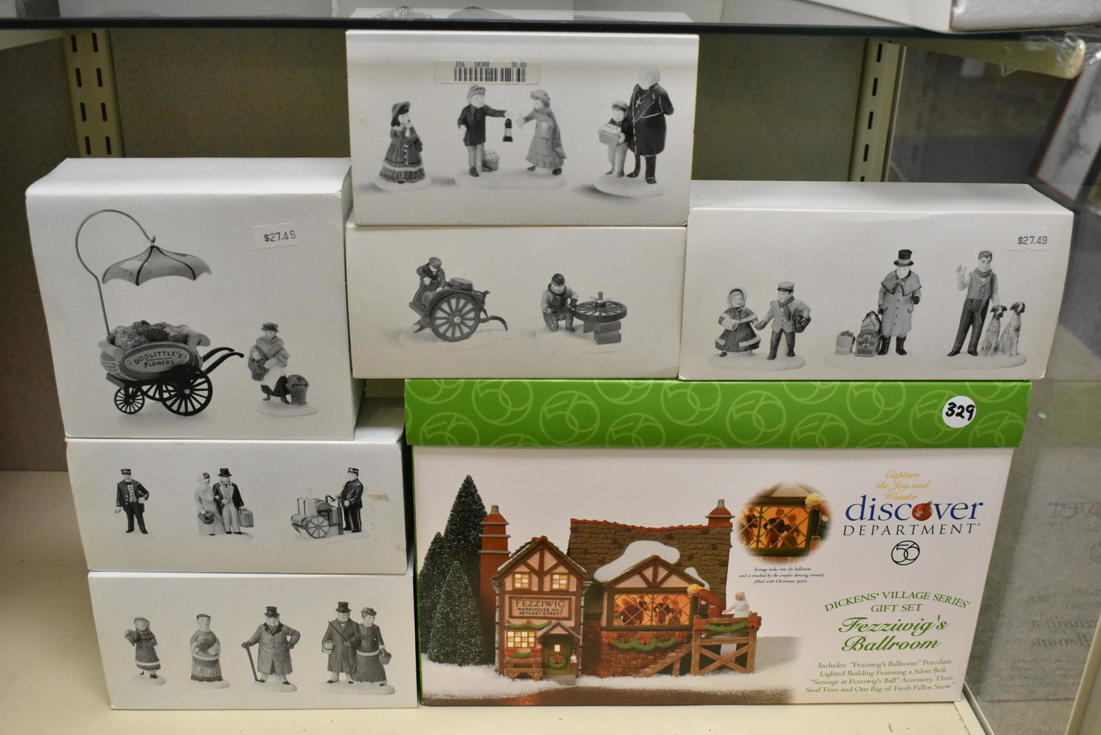Dept 56 Mixed Grouping NIB: Theswick's Ballroom, Vision of Christmas Past, Holiday Travelers and other items. Eight total pieces.