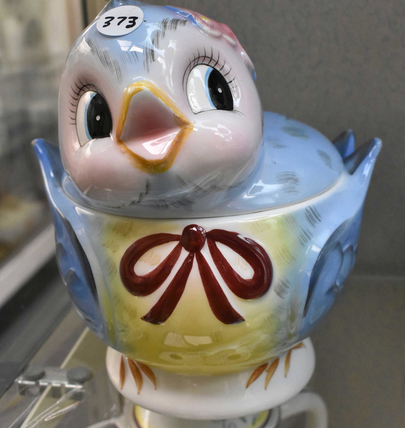 Lefton Blue Bird Ceramic Cookie Jar: Vintage lidded blue bird cookie jar marked Geo. Lefton pattern 289 minor loss at tip of two front wings
