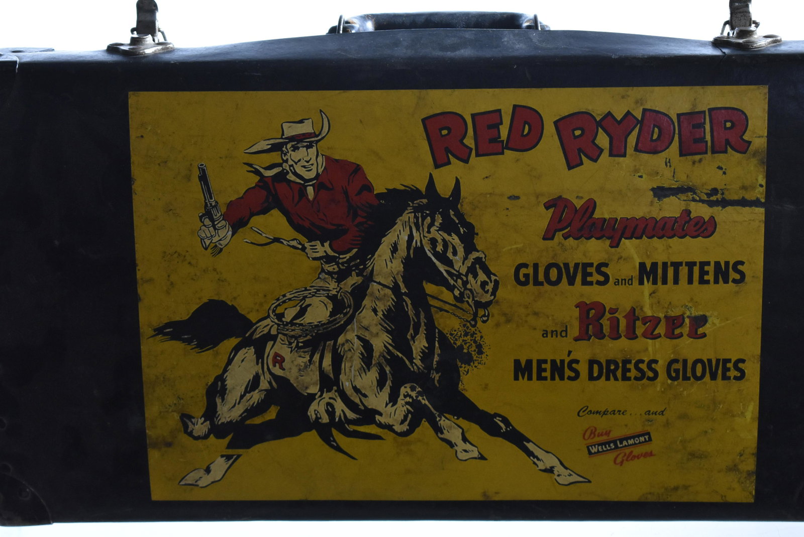 Red Ryder Playmates Carrying Case and Gloves: Red Ryder glove box is approx 22" x 12" and 4" d latching carrying case (empty) plus pair of matching gloves size 4-7 Years. also includes a vintage Red Ryder Roundup July 4 & 5 Rodeo Poster.