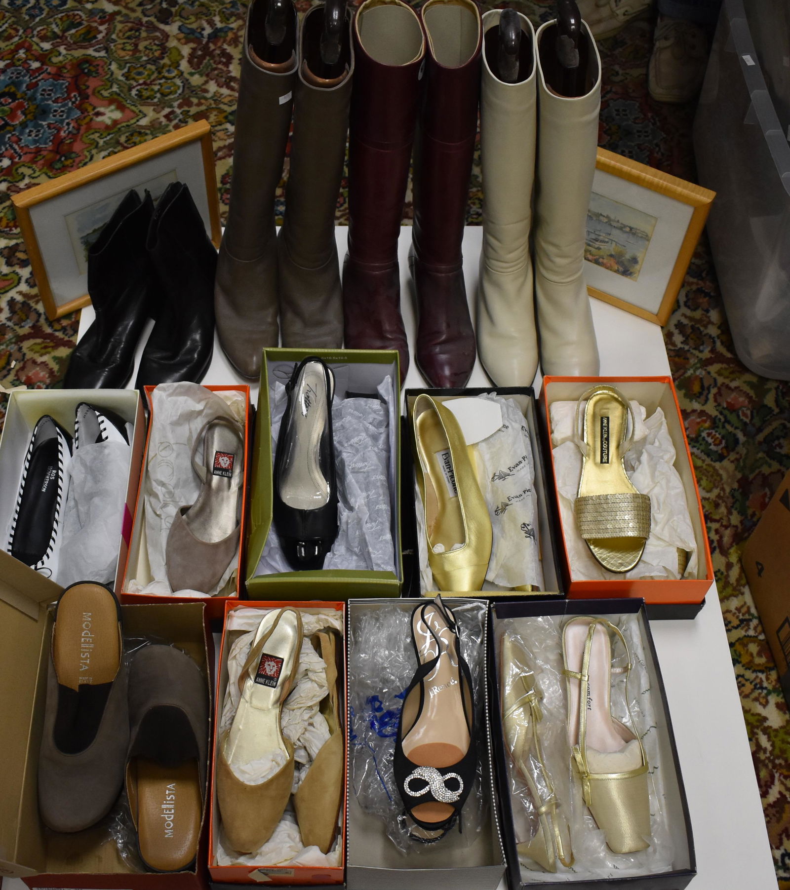 Lady's Boots and Shoes: Including three pair of tall lady's boots size eight and lady's leather shoes by Hommerson, Anne Klein, Evan Picone and others - total of thirteen shoes and boots. size 8.