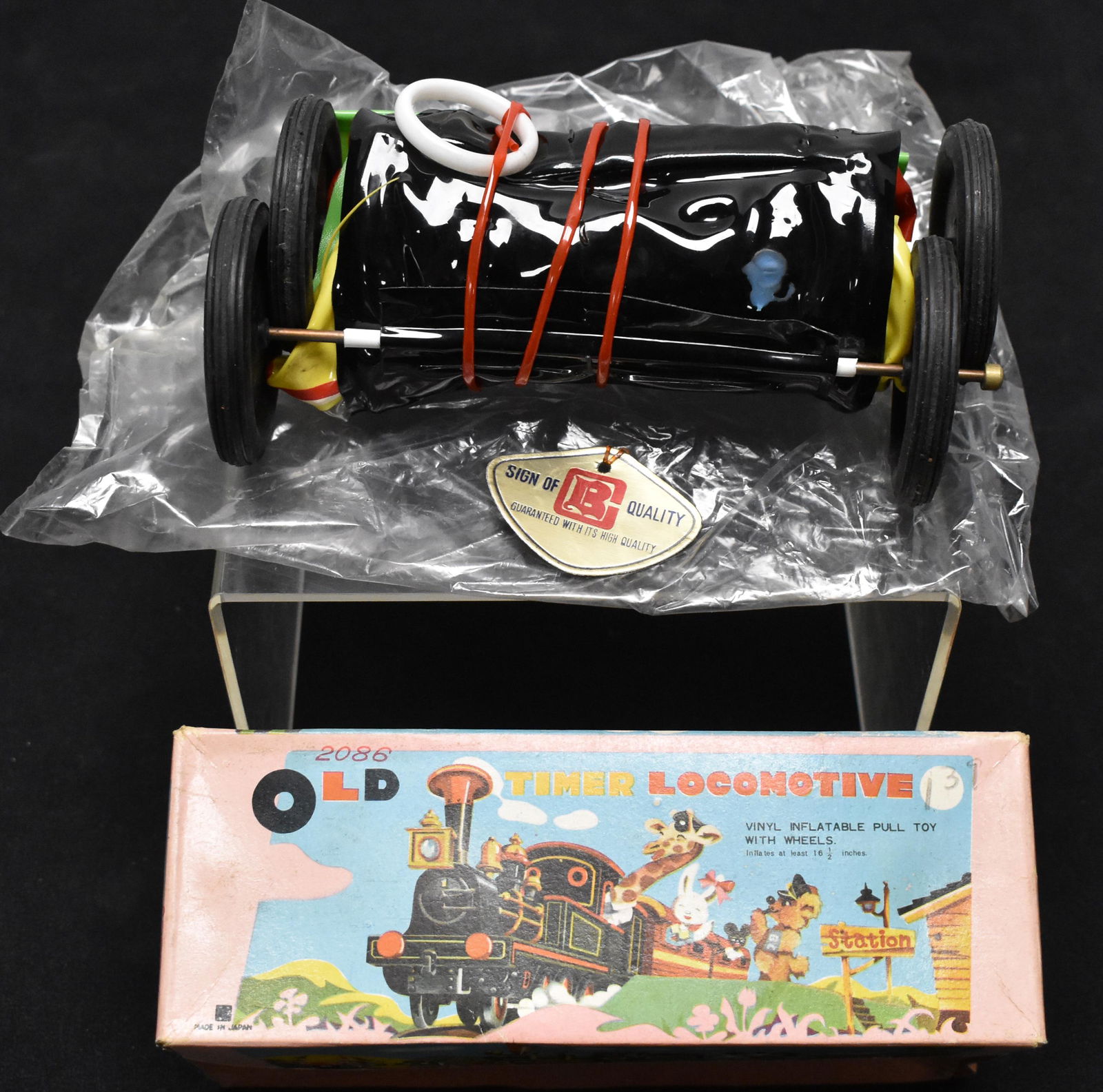Old Timer Locomotive #2086 Pull Toy: Vinyl inflatable pull toy w/ wheels, circa 1950's Japan NIB