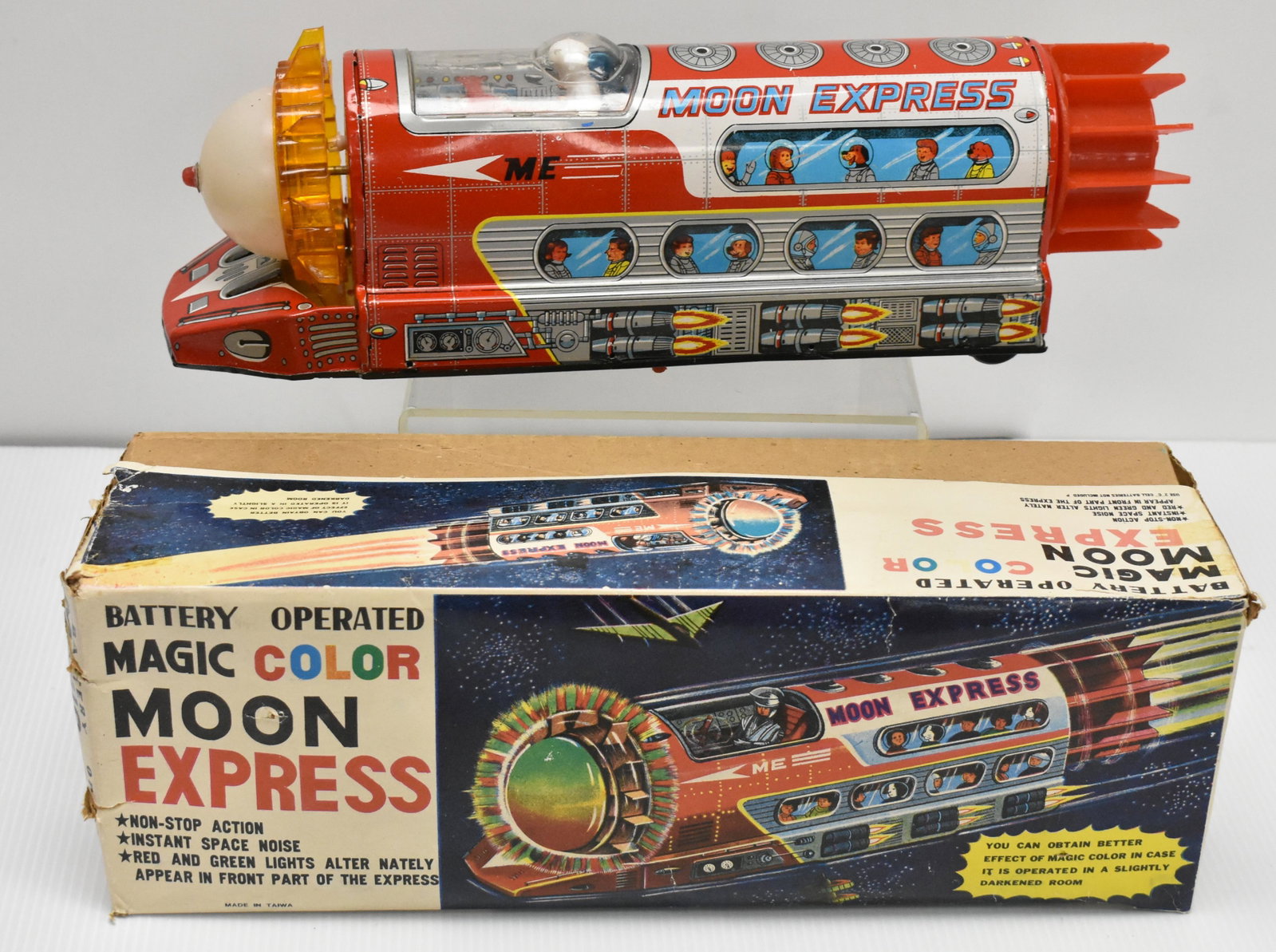 Battery Operated Magic Color Moon Express: Circa 1960's, in original box (fair condition with reglued corner), made in Taiwan, works and in good condition.