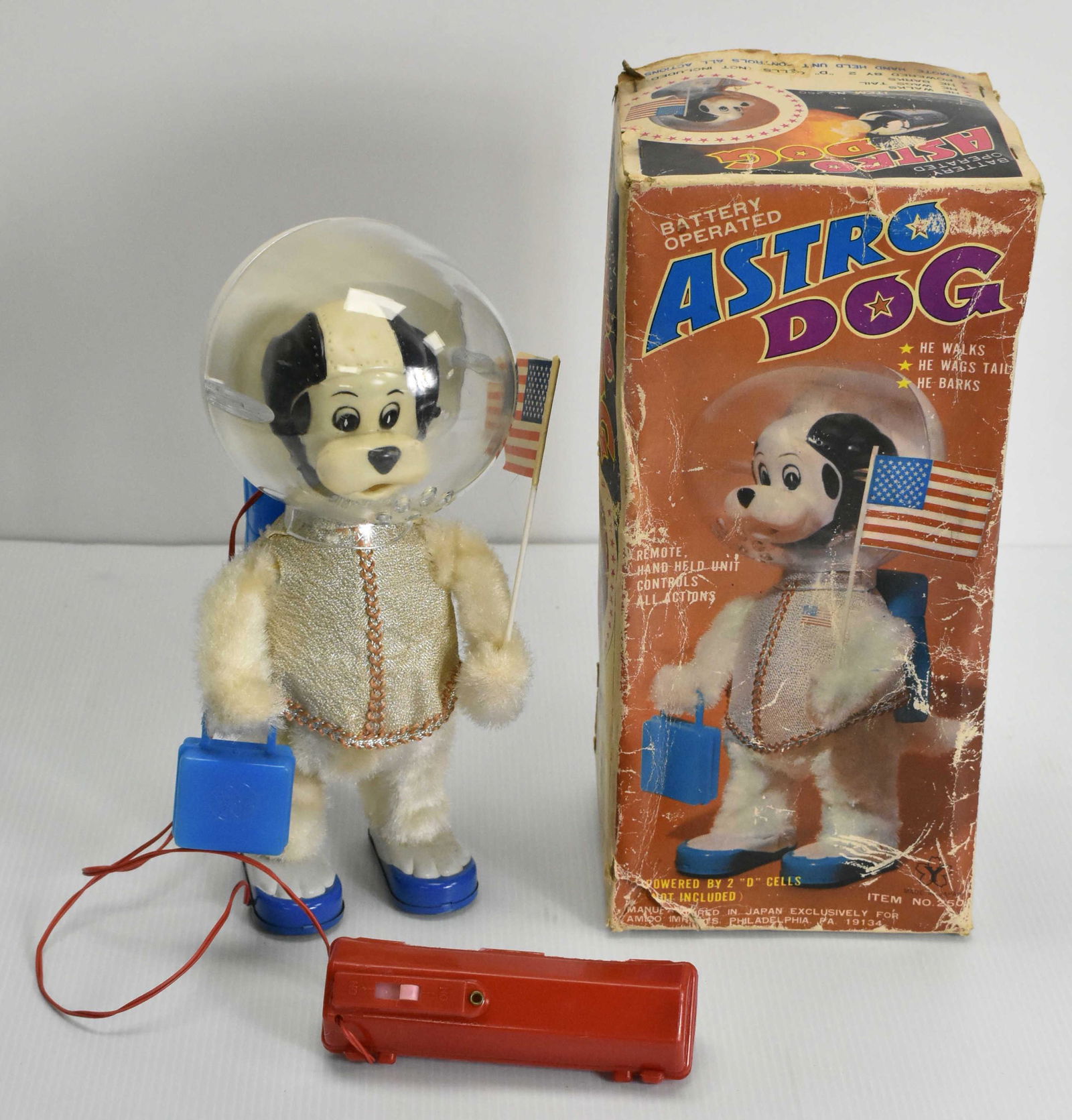Japanese Battery Operated Astro Dog: Plush and plastic, item #250, made for Amco Imports, Box in fair condition and toy in good condition