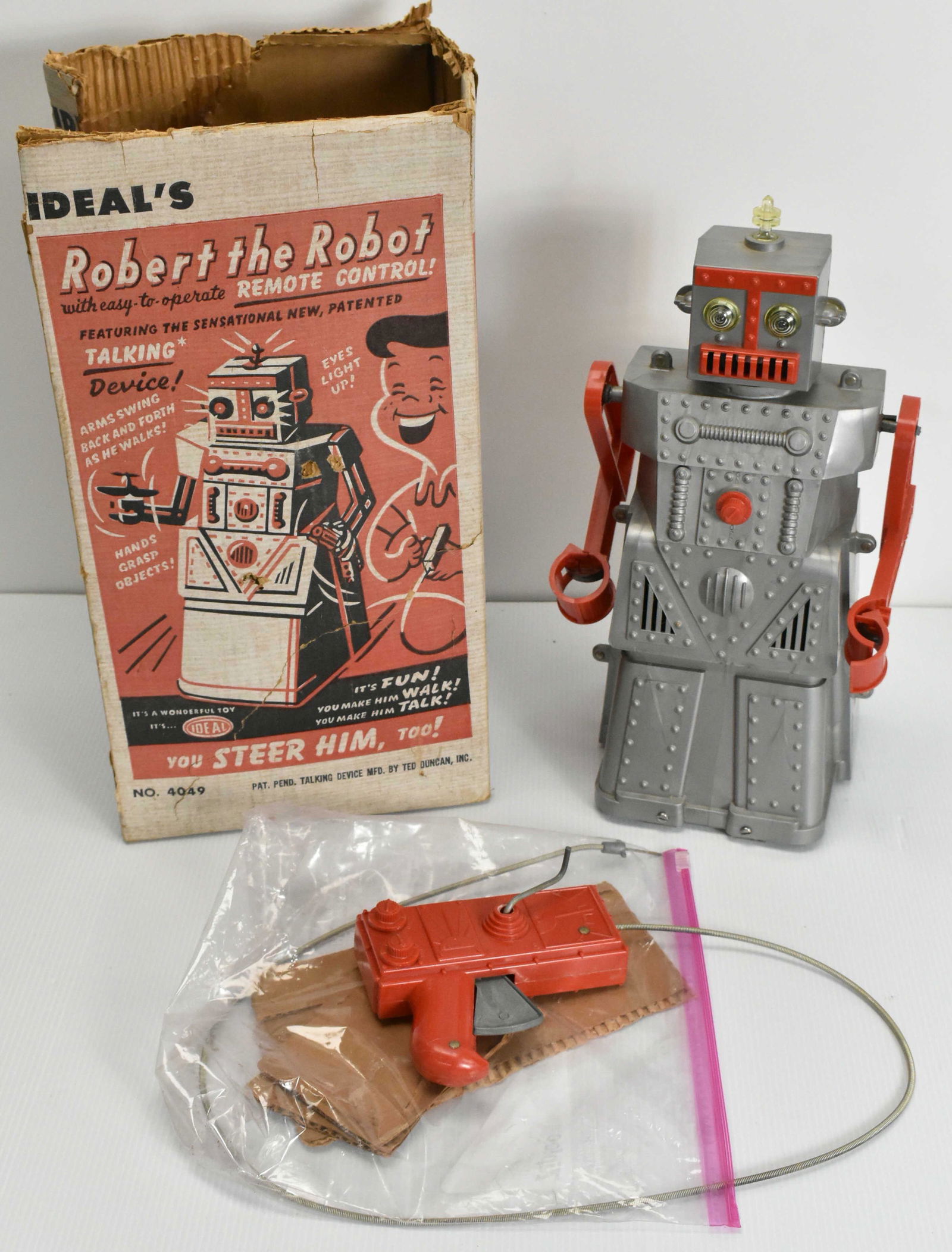 Ideal Battery Powered Robert the Robot: Large scale talking robot with remote control, #4049, in original box (as found), toy in good shape