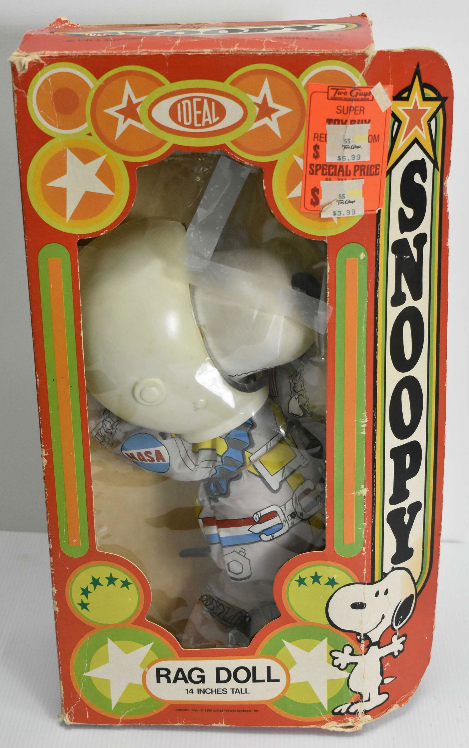 Ideal Snoopy Nasa Ragdoll Astronaut: 14" tall, 1958, in original box (as found), discoloration to ragdoll nose and helmet