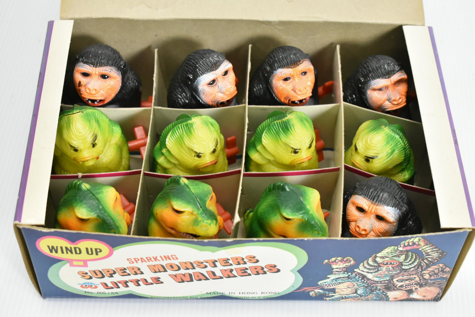 Full Retail Pack Super Monsters Little Walkers: Includes 5 King Kong, 4 Creature of the Black Lagoon, 3 Godzilla. Made in Hong Kong, Wind up with Sparking #505/3A, box in good shape (was taped closed)