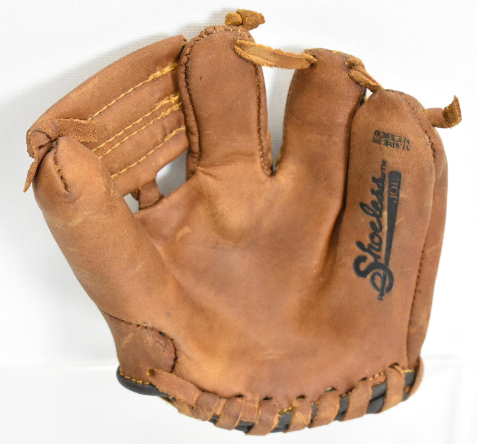 Shoeless Joe Baseball Mini Glove Premium: Stamped "Made in Mexico", mid century, measures 5" high x 4.25" wide