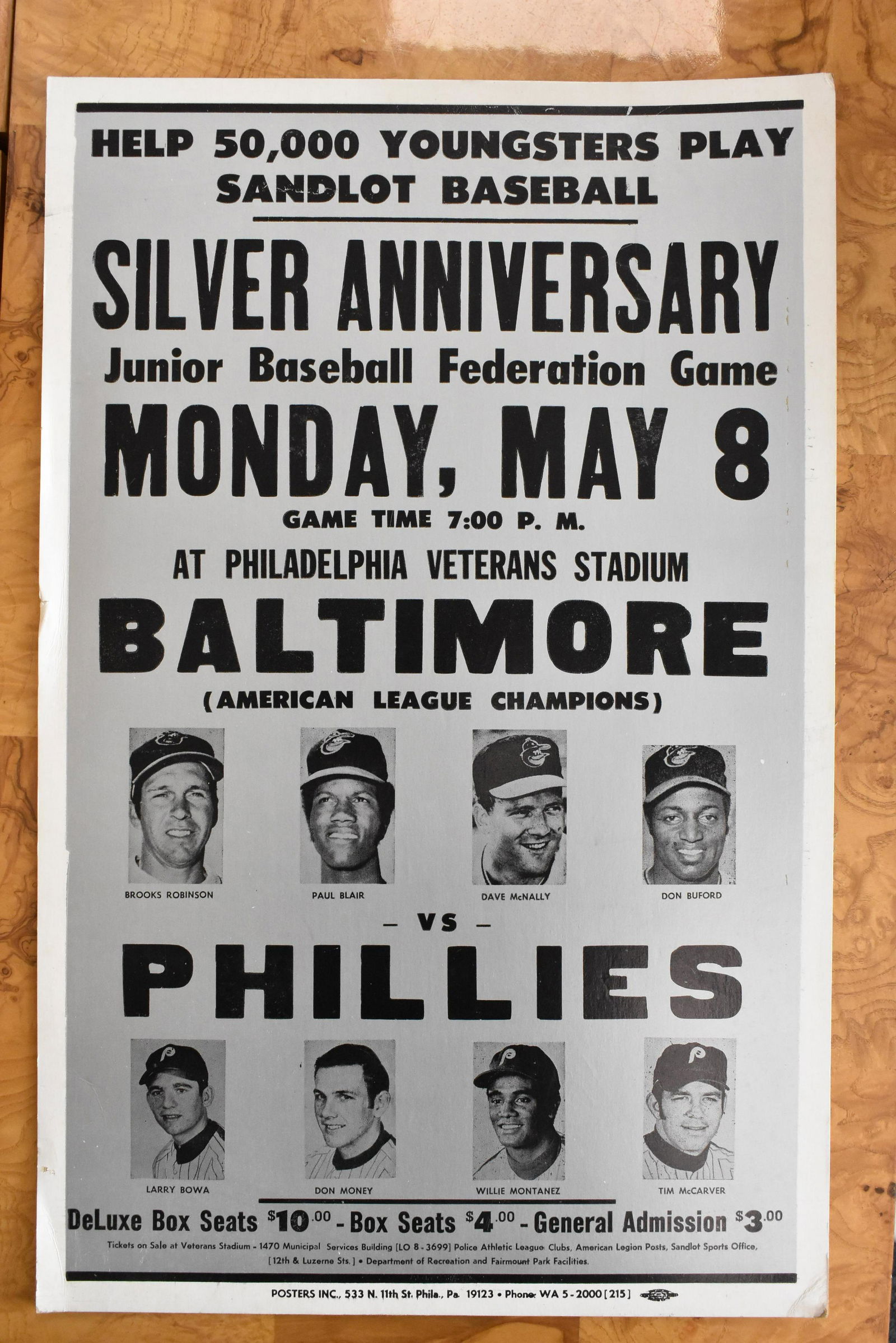 Orioles Vs. Phillies Silver Anniversary Game: Played in Veterans Stadium May 8th in the late 1960's or early 1970's. This poster is advertising that it was the Silver Anniversary Junior Baseball Federation Game between the (A.L. Champions) Baltim