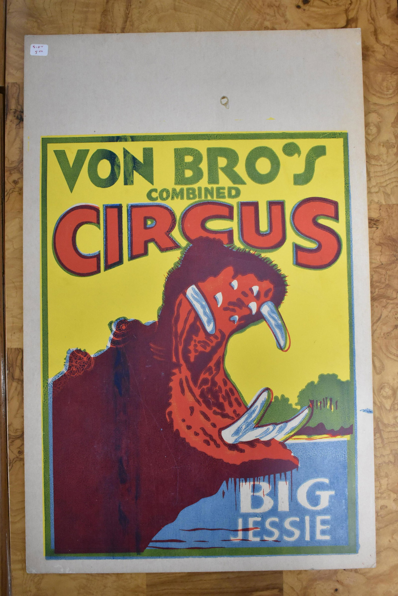 Vintage Von Bro's Circus Poster: Ink squashed from relief plate printing poster for Von Bro's Combined Circus featuring Big Jessie the hippo. Spot near top center with light scratches and foxing on surface. Small music note related d