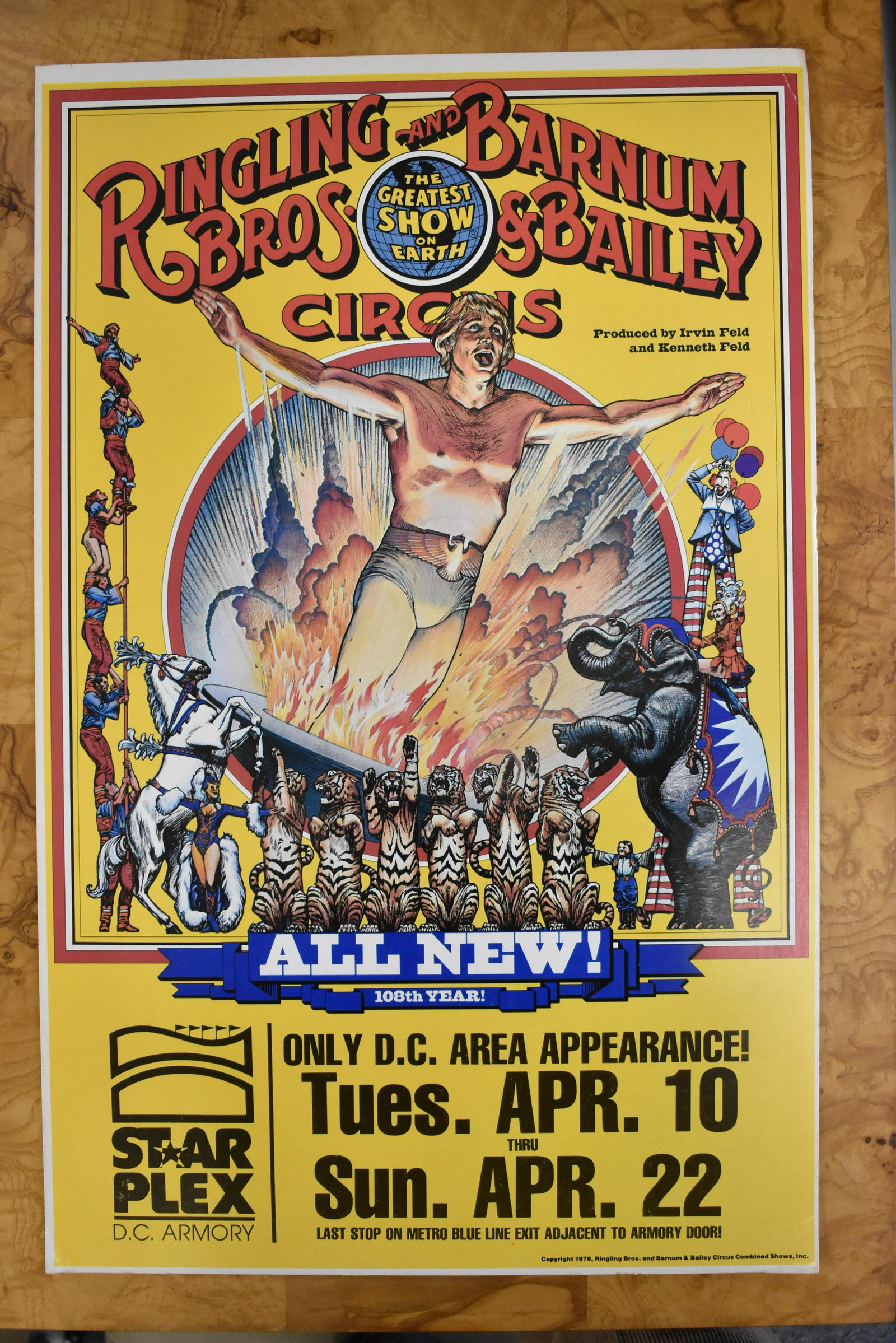 Ringling Bros and Barnum & Bailey Circus Poster: Original poster for Ringling Bros and Barnum & Bailey Circus featuring a human cannonball and a variety of acts. Printed in 1978 and held at the Star Plex in Washington D.C. Some wear to corners. Meas
