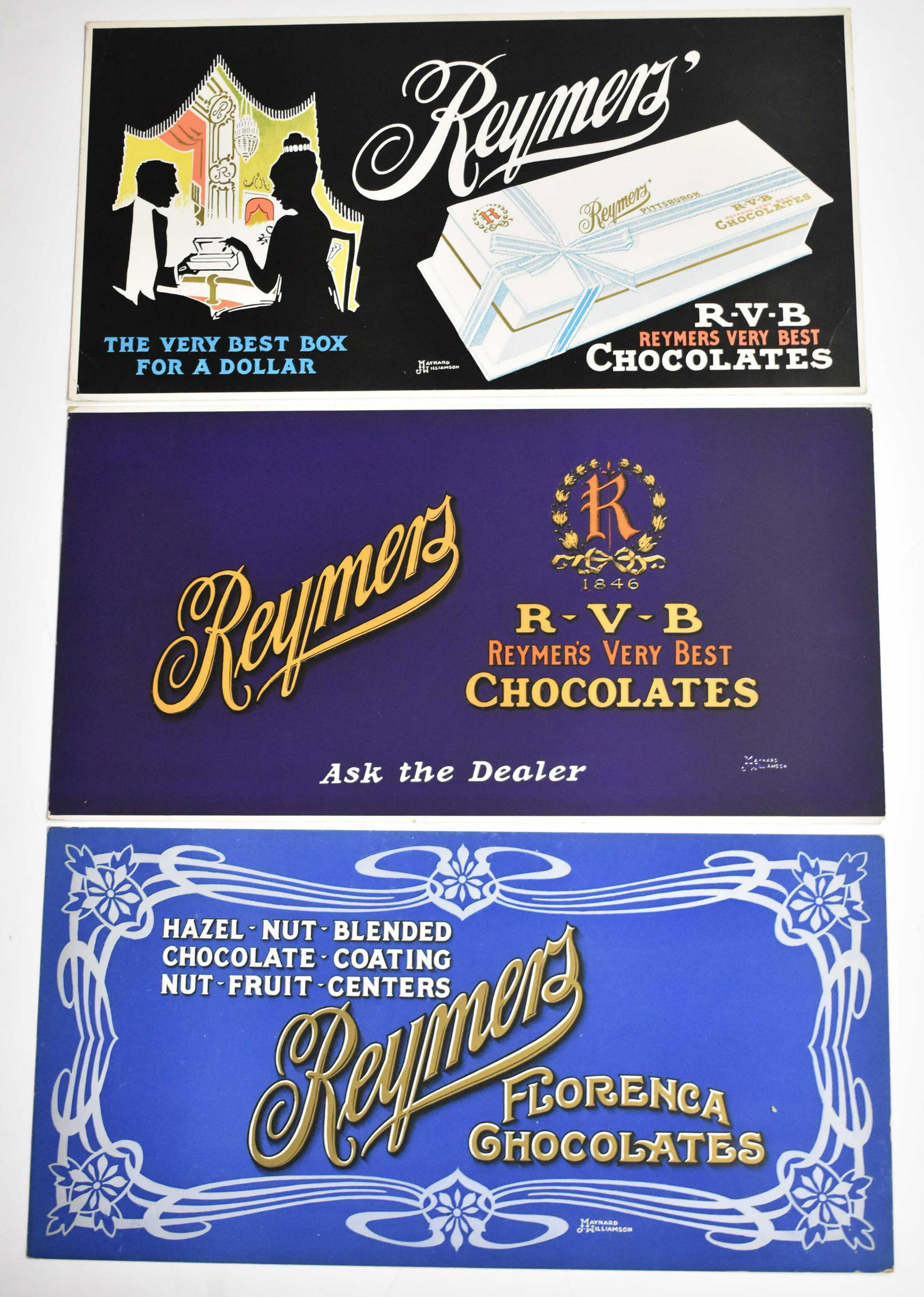 3 Streetcar Ads for Reymers' Chocolates: Three 1920's streetcar advertising chromolithographs by artist Maynard J Williamson for Reymers' Chocolates in Pittsburgh, PA. Nice colors and some wear at the corners. Measures 11" high by 21" wide.