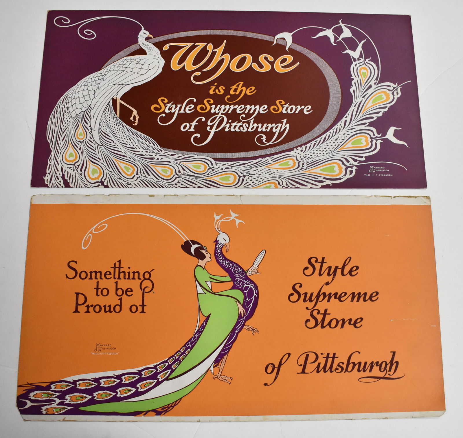 2 Streetcar Ads for the Style Supreme Store: Two 1920's streetcar advertising chromolithographs by artist Maynard J Williamson for the Style Supreme Store of Pittsburgh, PA. Nice colors and some wear at the corners. More wear on orange ad at top