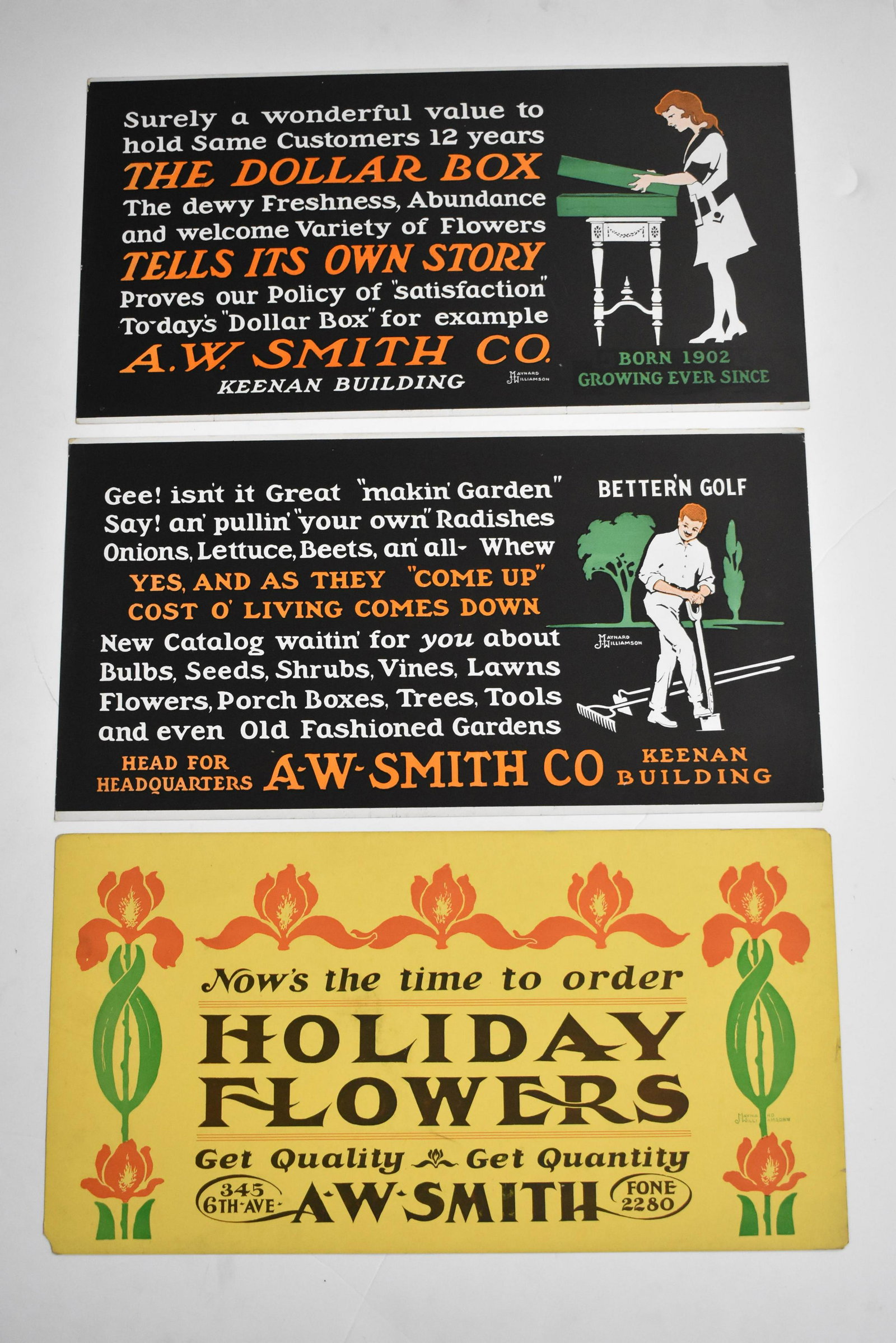 3 Streetcar Ads for A.W. Smith Flower Co.: Three 1920's streetcar advertising chromolithographs by artist Maynard J Williamson for a flower company named A.W. Smith. Nice colors and some wear at the corners. Measures 11" high by 21" wide.