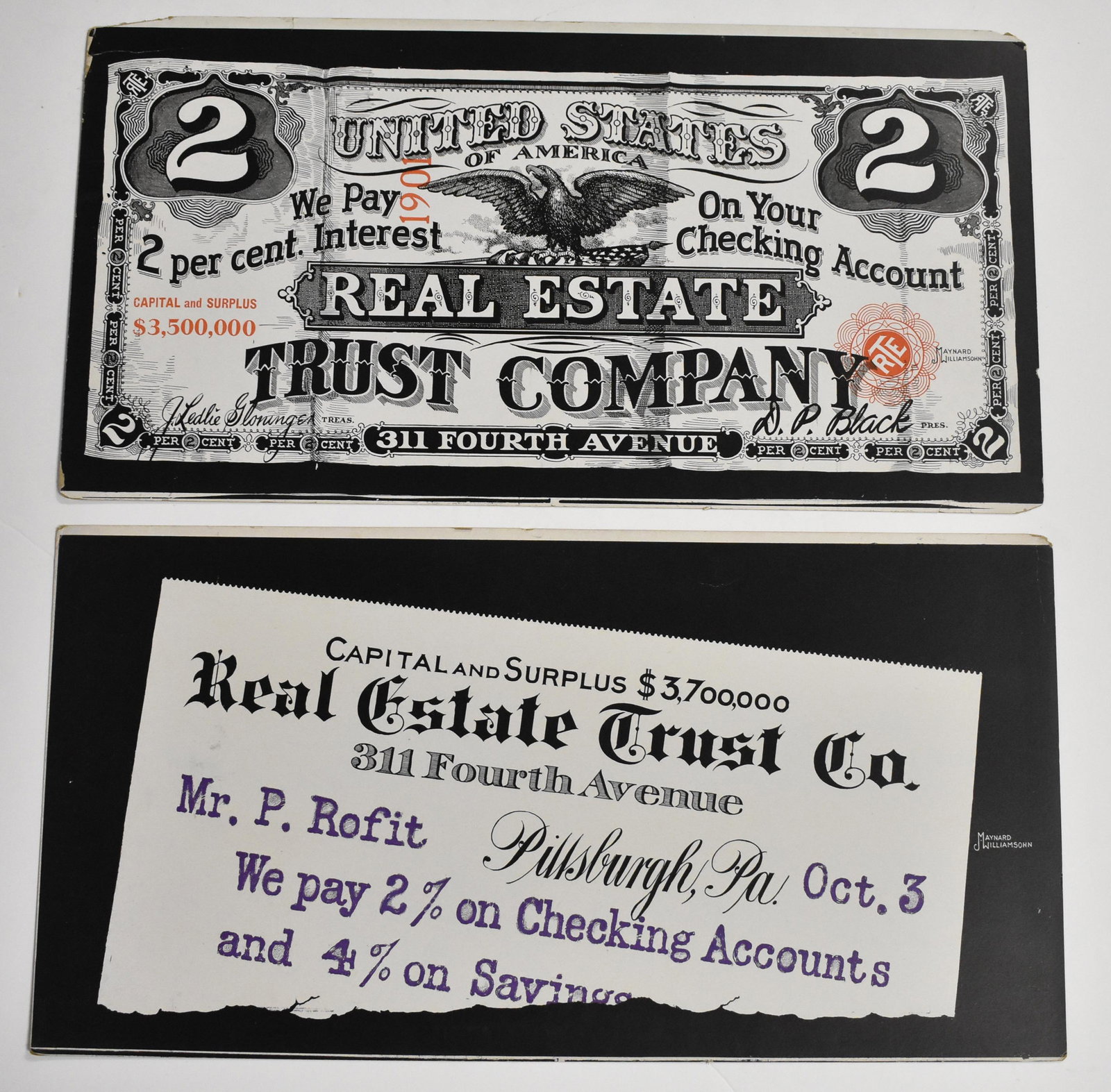 2 Streetcar Ads for the Real Estate Trust Company: Two 1920's streetcar advertising chromolithographs by artist Maynard J Williamson for Real Estate Trust Company of Pittsburgh, PA. Nice colors and some wear at the corners. Measures 11" high by 21" wi