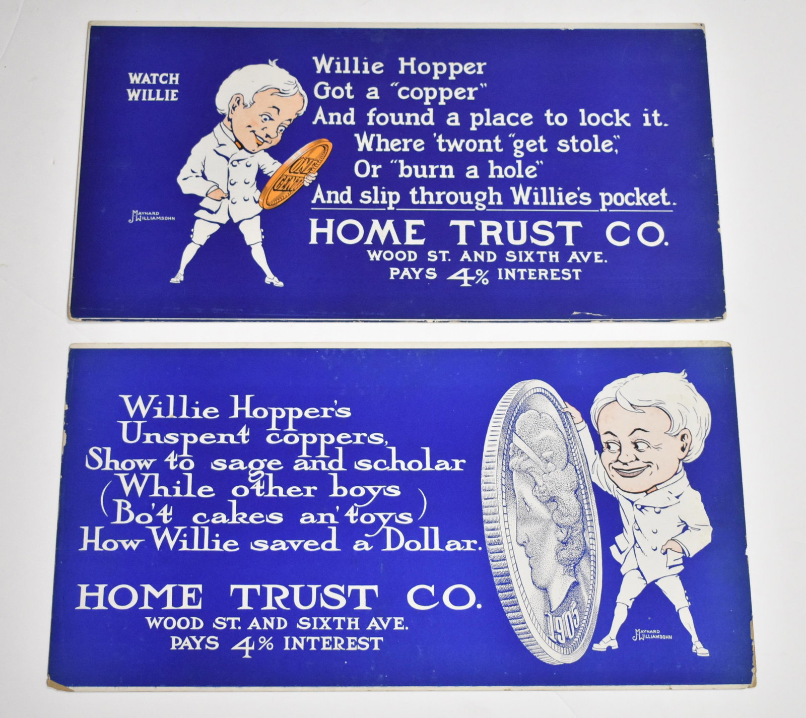 2 Streetcar Ads for the Home Trust Co.: Two 1920's streetcar advertising chromolithographs by artist Maynard J Williamson for Home Trust Company. Nice colors and some wear at the corners. Tear along bottom edge on ad with picture on left. M