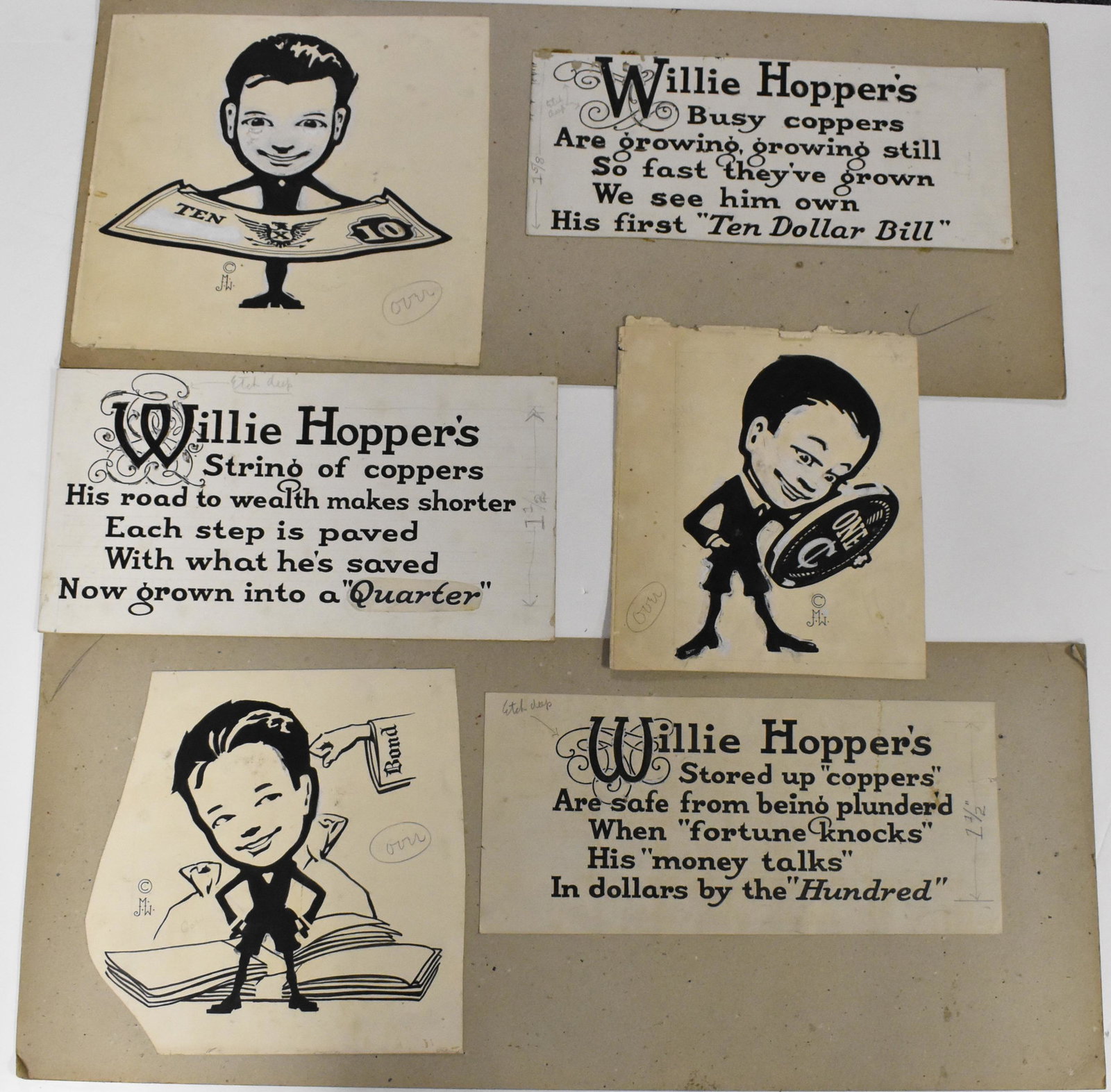 3 Original Art Streetcar Ads by Maynard J. William: Three original art drafts for 1920's streetcar advertising by artist Maynard J Williamson for Home Trust Company. Two are attached to a board and the third is loose as two pieces. Drawn in black and w