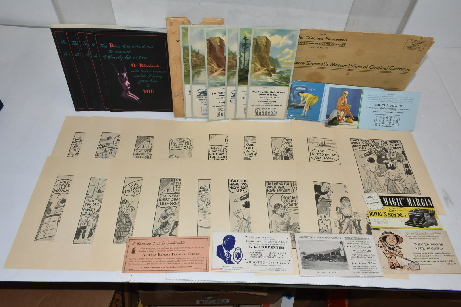 Mixed Ephemera Grouping: Including girly fold-out cards, Pierre Simonet's cartoon prints in envelope, 1929 advertising calendar items, and other items.