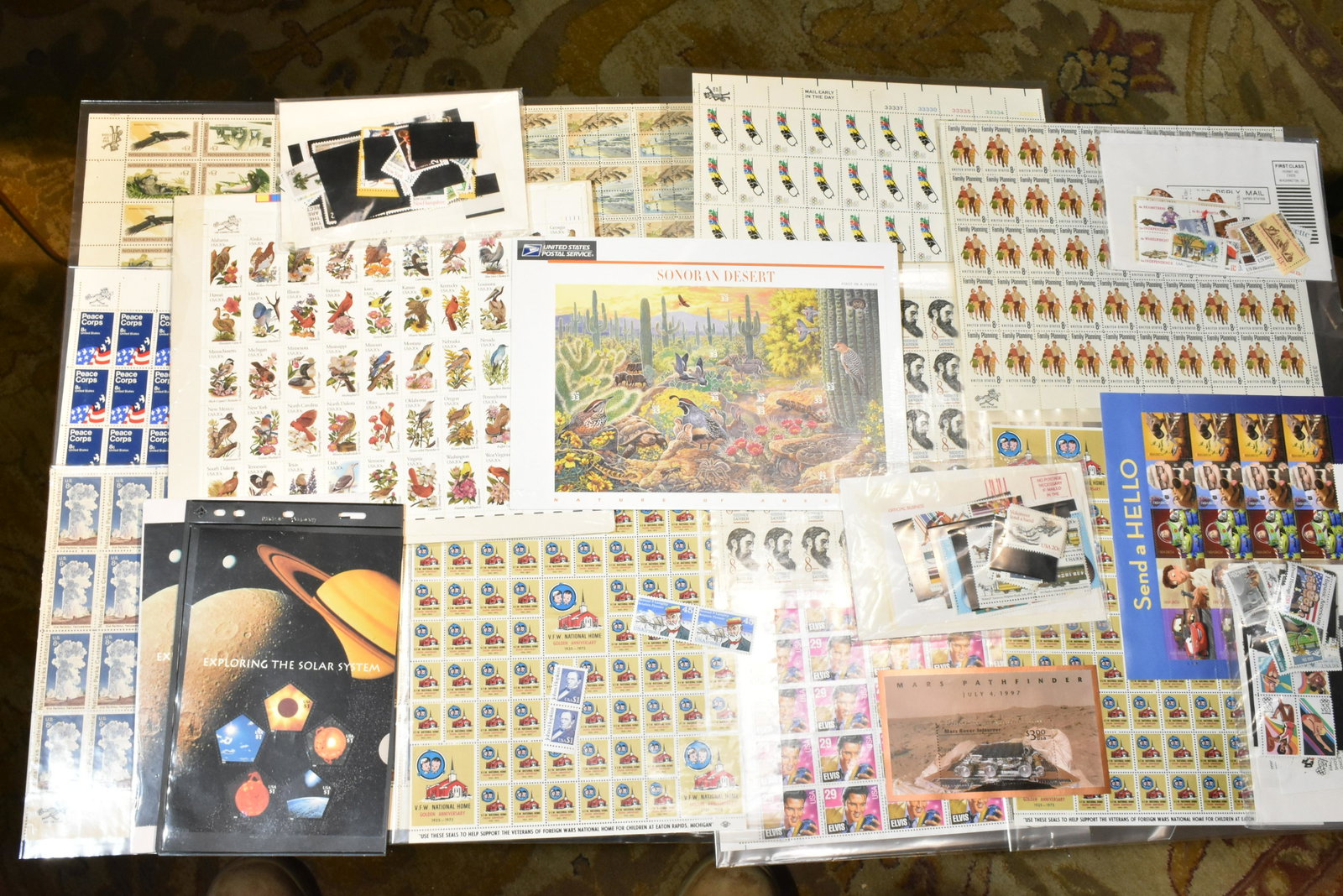 US Postage Stamp Full Sheets: Including wildlife 8 cents, Sidney Lanier 8 cents, Elvis 29 cents, Olympic bob sled 8 cents and many others.