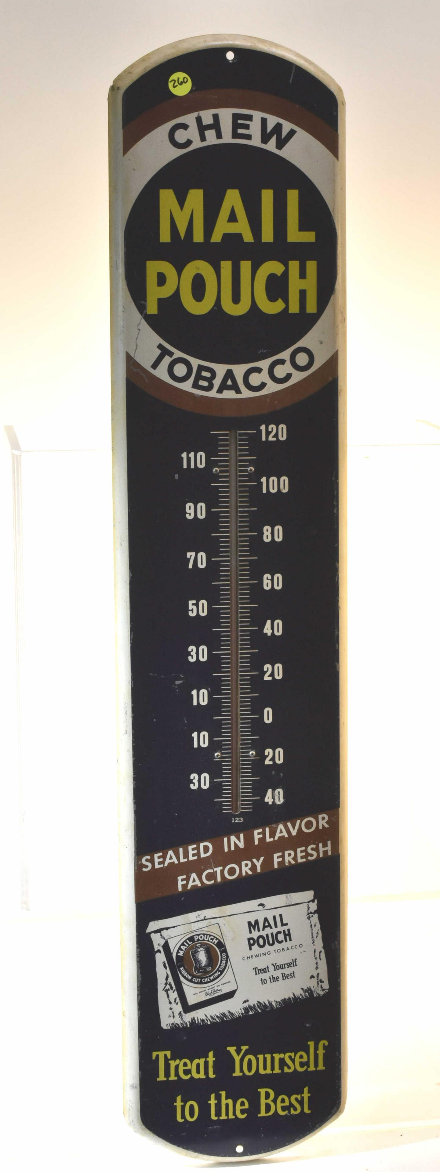 Vintage Mail Pouch Advertising Thermometer: Measures approx. 38 1/2"h. It has good graphics with some scuffs, a working thermometer and original green back.