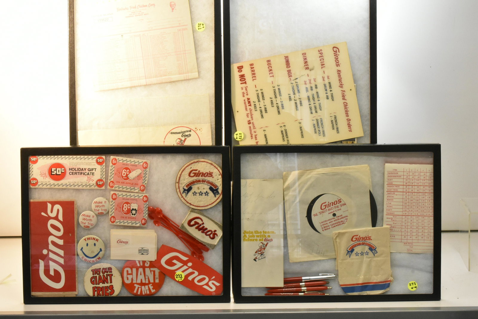 Gino's Restaurant Advertising Collectibles: A Gino's theme record dated 1970, menu order cards, a chicken menu puzzle, stickers, patches and pin backs. Four total cases of items.