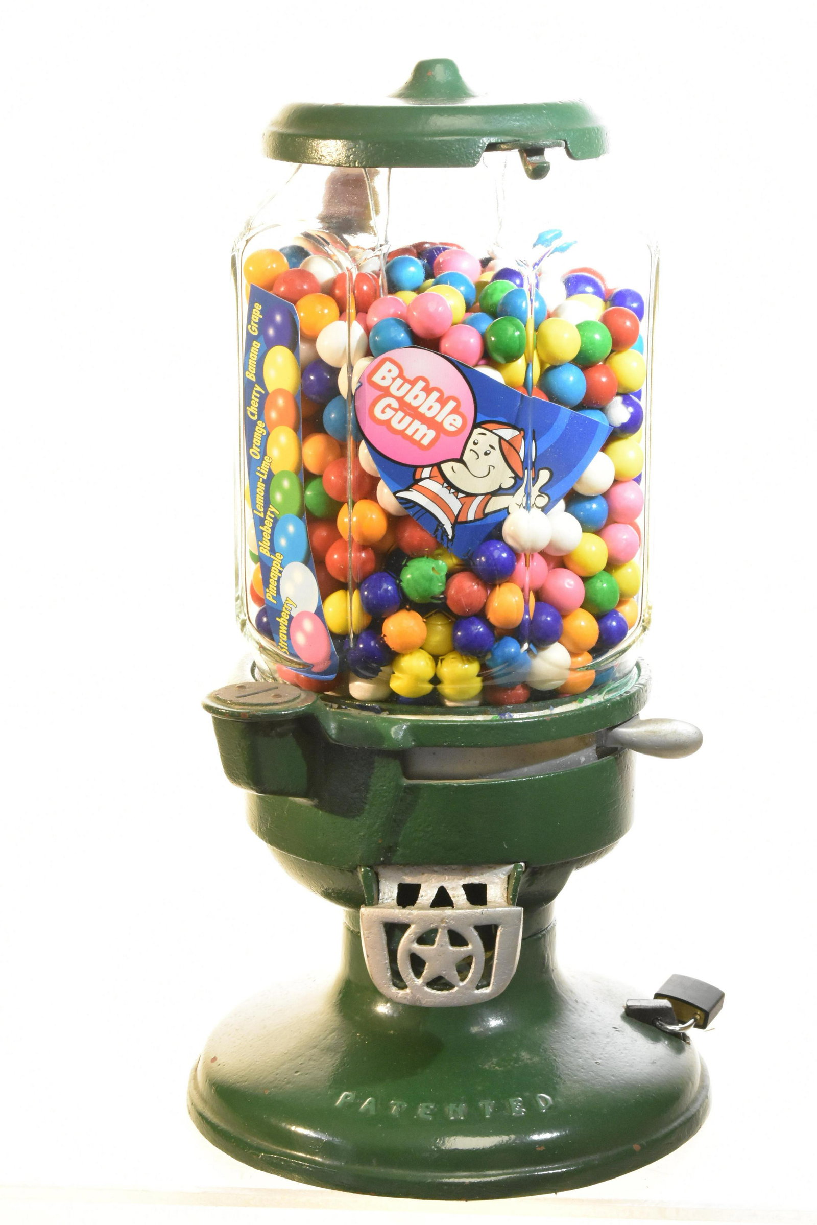 Early Star Gum Ball Vending 1 Cent Machine: Measures approx. 15"h. It has a cast iron body with an octagonal glass carrier and is marked "patented" on base.