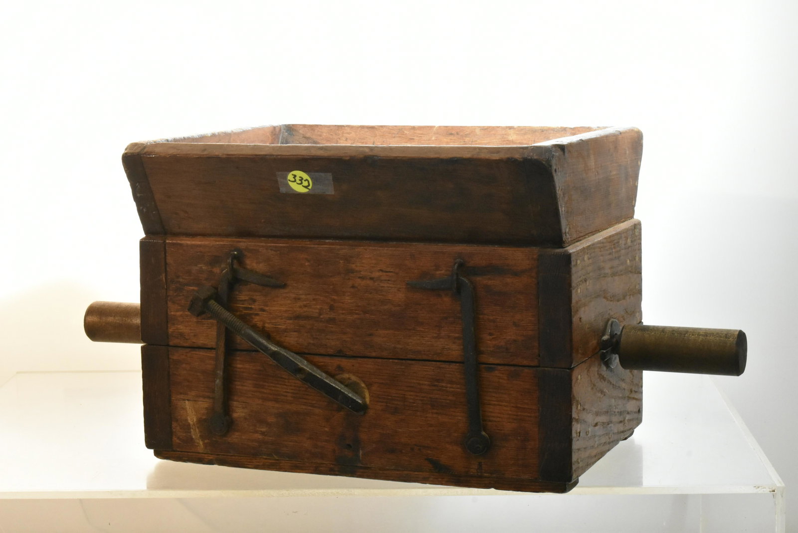 Early James Oakes Corn Meal Grinder: Measures approx. 10"h x 13 1/2"w x 10 1/2" d not including handles. It is hardwood construction with hand wrought latches. The interior has a rolling graduating blade mechanism and item is stamped Jam