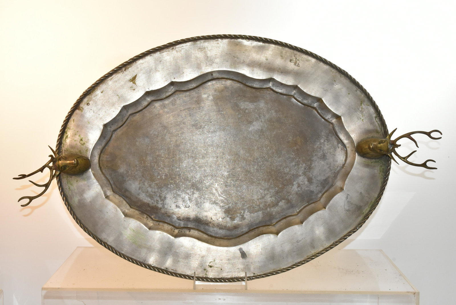 Large Serving Tray with Stag Handles: Measures approx. 30" in length from handle to handle and shows common wear.