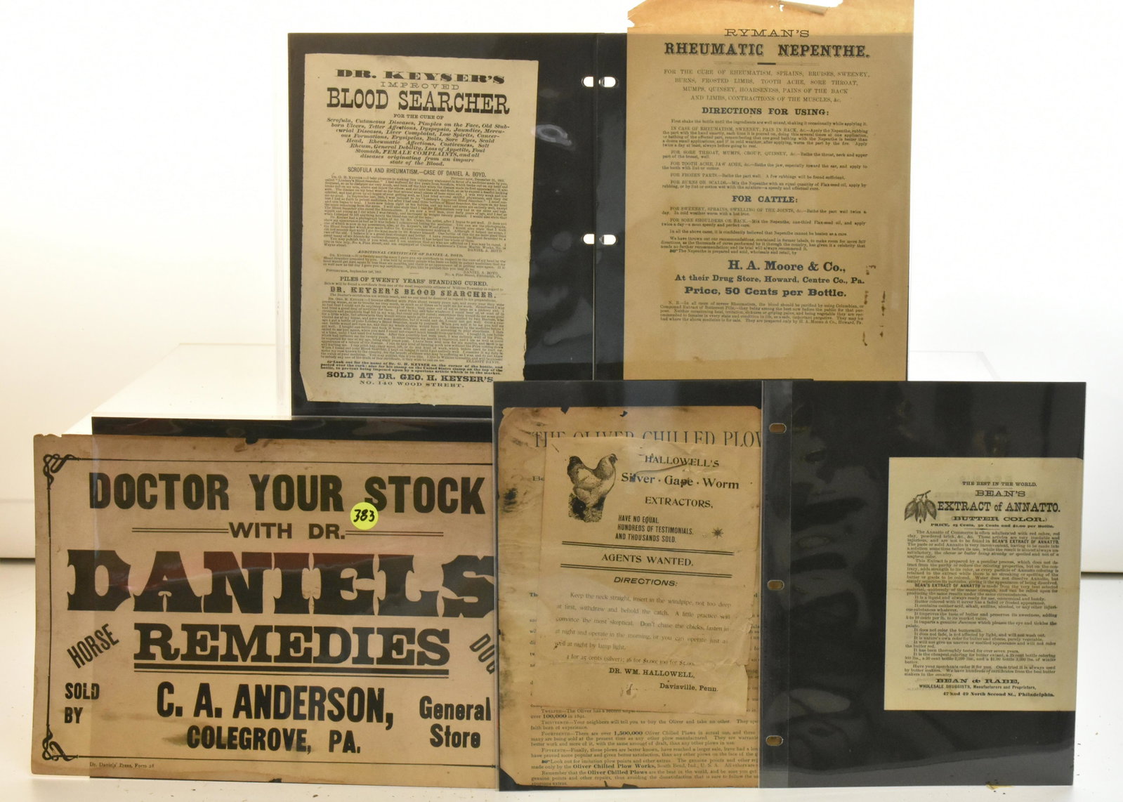 19th Century Medical Ads: Including a Daniel Remedies cardboard sign, a Ryman's medical ad, a bean extract ad, a Doctor Keyser's blood searcher ad and a Hallowell's poultry ad.