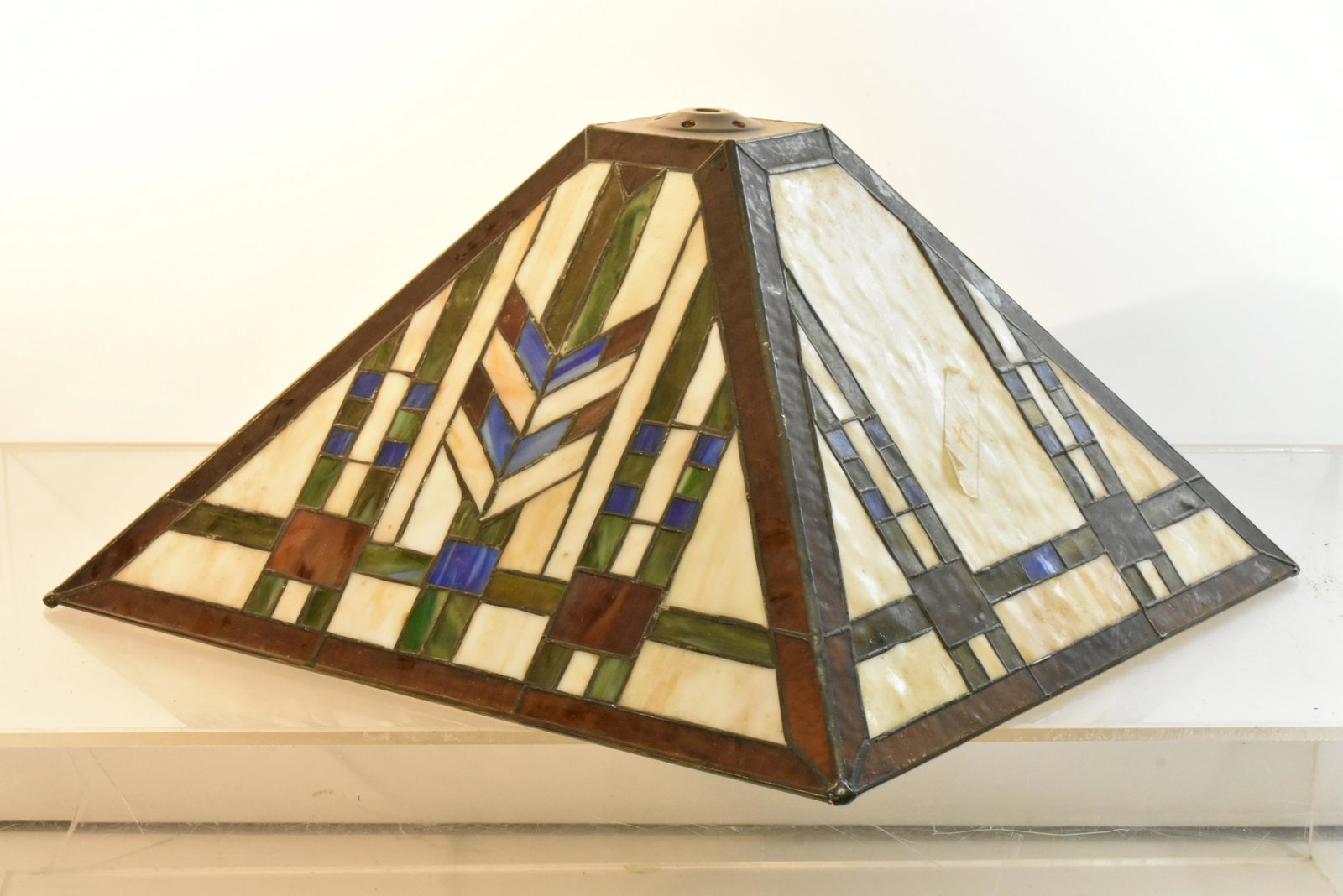 Arts and Crafts Style Stained Glass Lamp Shade: Measures approx. 9"h x 15"w x 15"d. It is a multi colored shade and is a quality contemporary item.