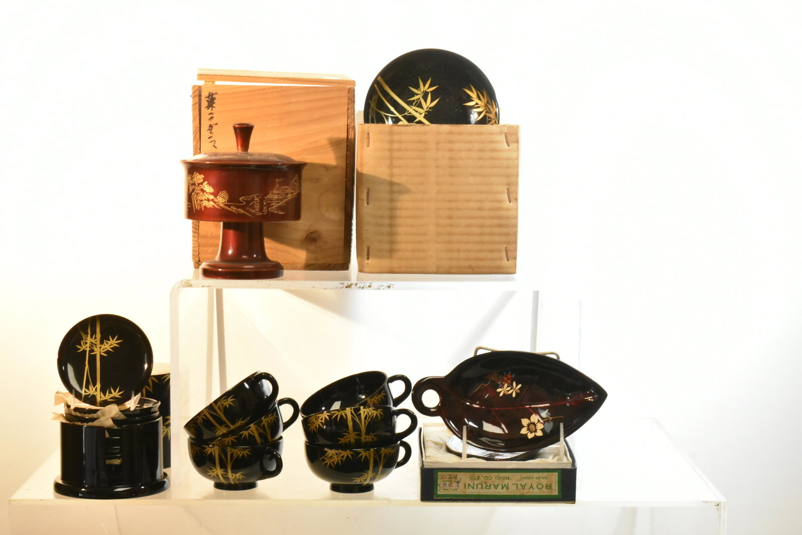Decorative Japanese Kitchen Ware: A set of rice bowls NIB, a covered jar, cups, a coaster set and more.