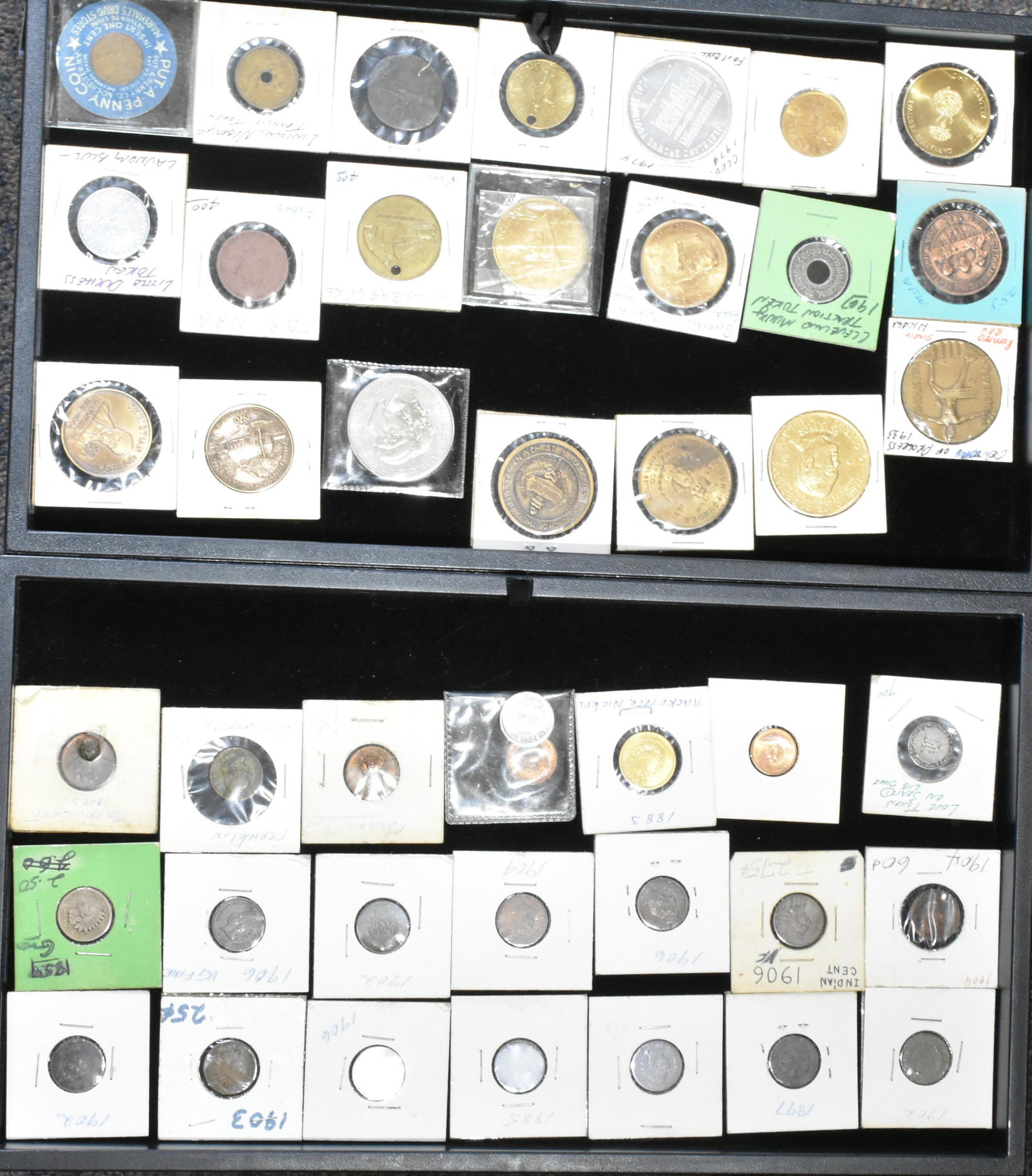 Indian Head Pennies and Tokens - Two Trays: Including a selection of Indian Head cents, a racketeer nickel, a 1907 Cleveland Tractor token, a 1933 Century of Progress token and many others.