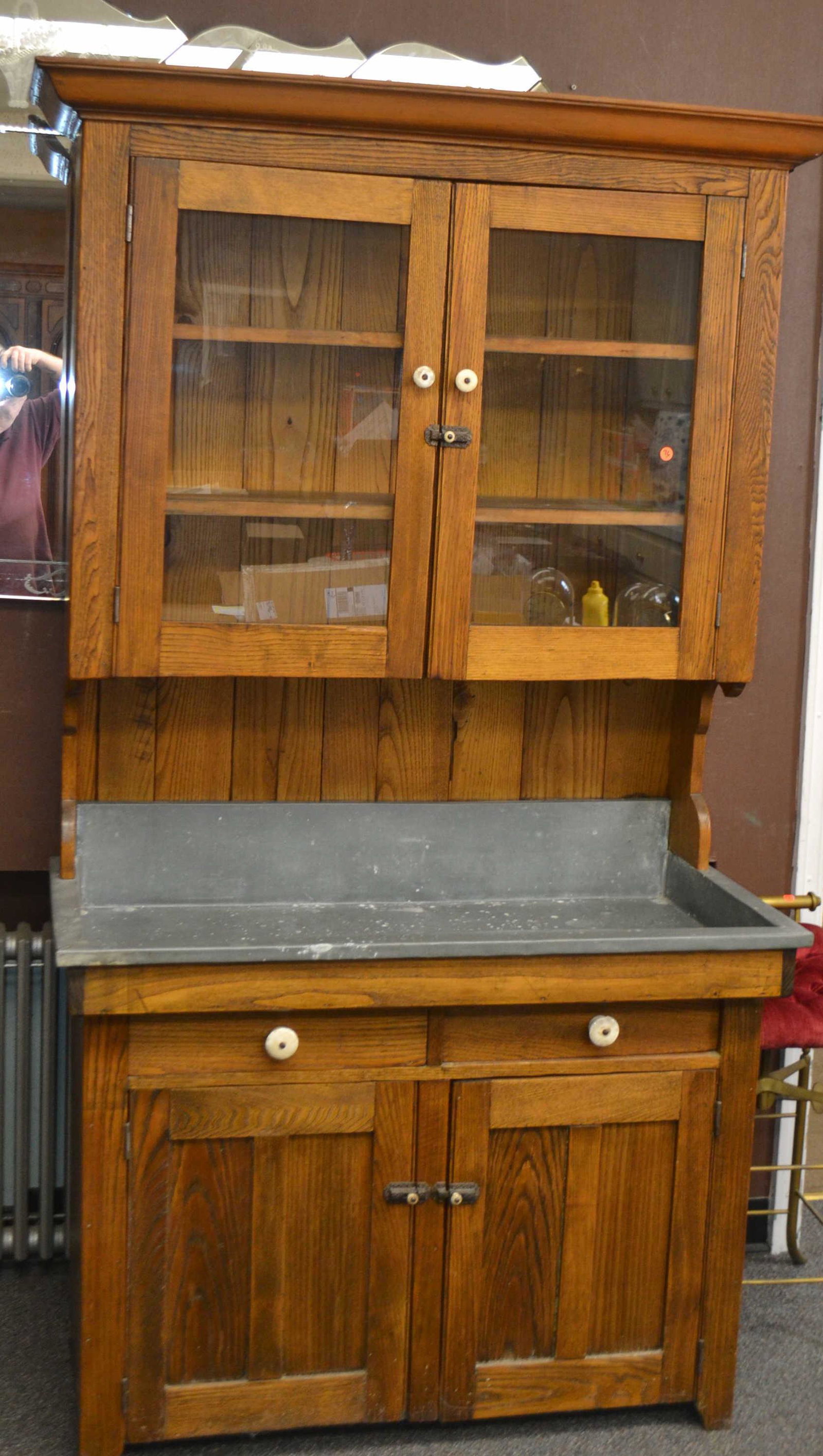 19th Century Dry Sink and Cupboard Top: Measures approx. 78"h x 47"w x 21"d. It is an oak dry sink with zinc lining. It has a matching top with two doors and a cornice molding that may be a replacement.
